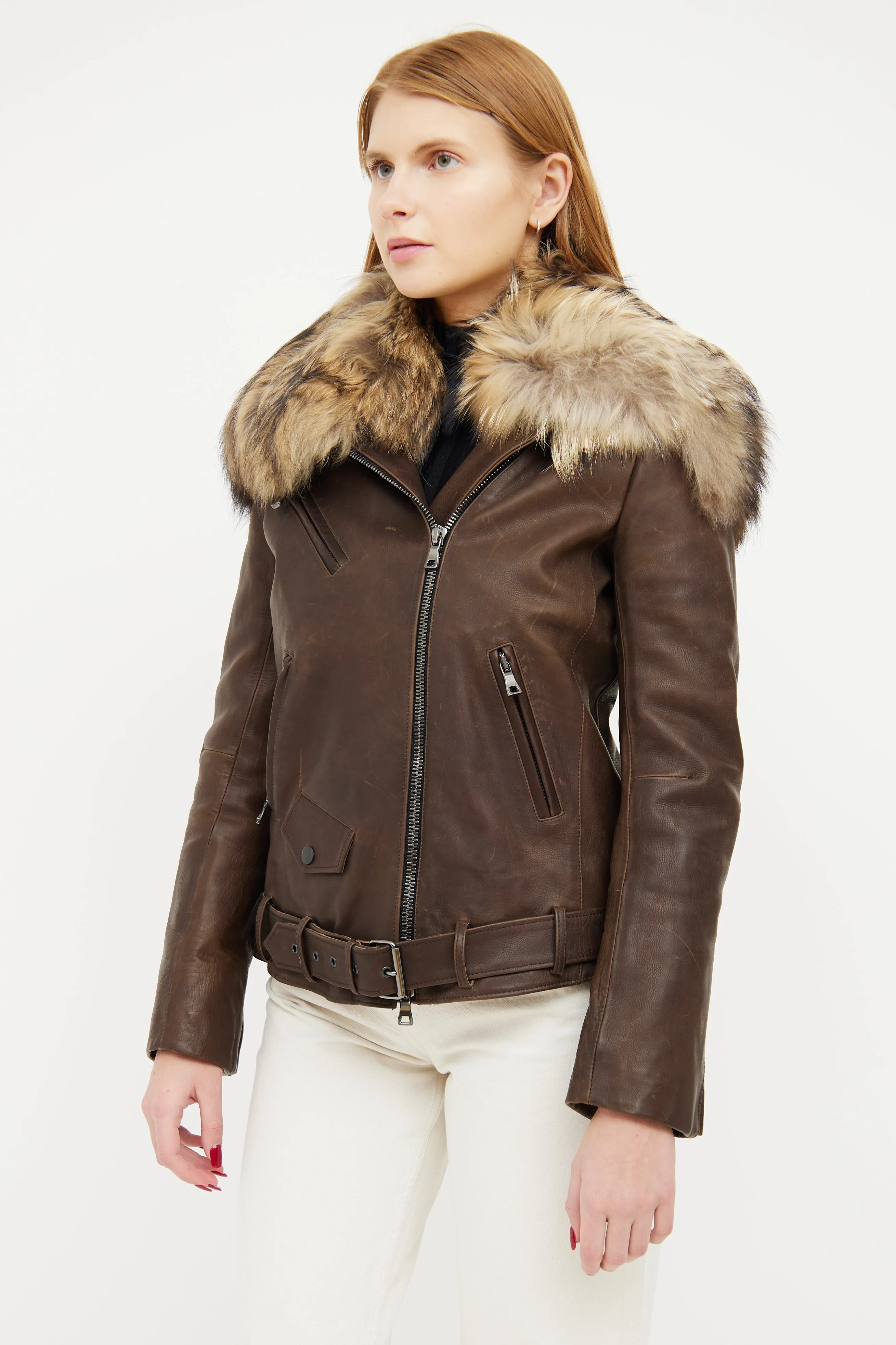 Brown Leather Fur Trim Collar Jacket