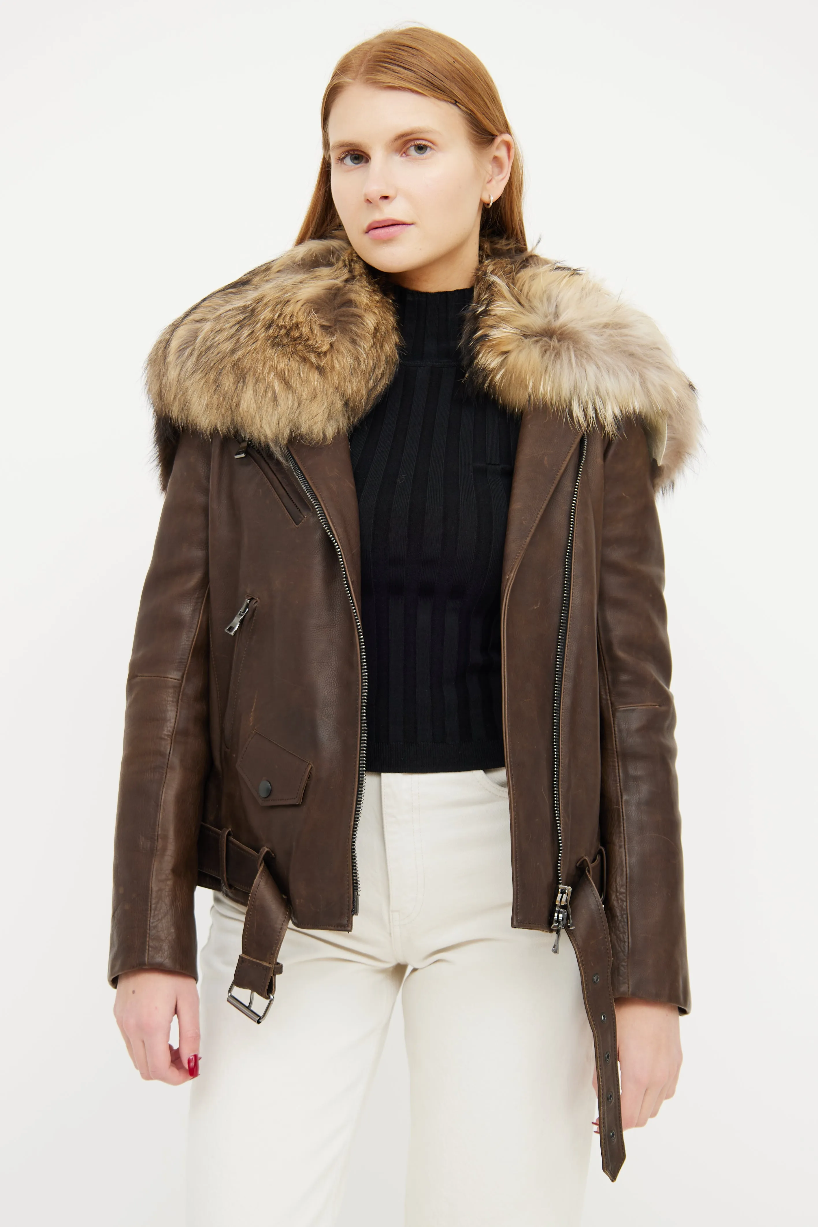 Brown Leather Fur Trim Collar Jacket