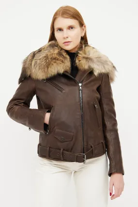 Brown Leather Fur Trim Collar Jacket