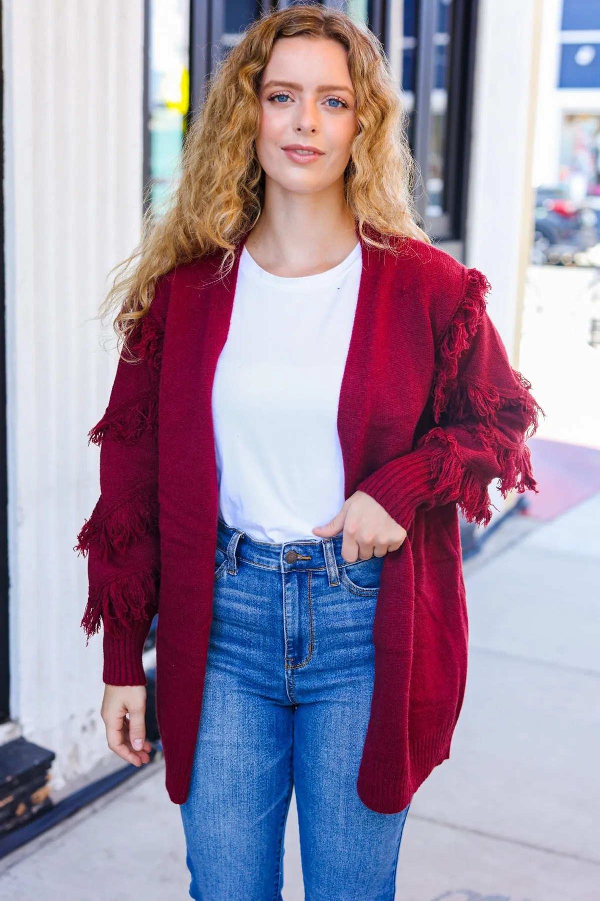 Burgundy Fringe Detail Knit Cardigan