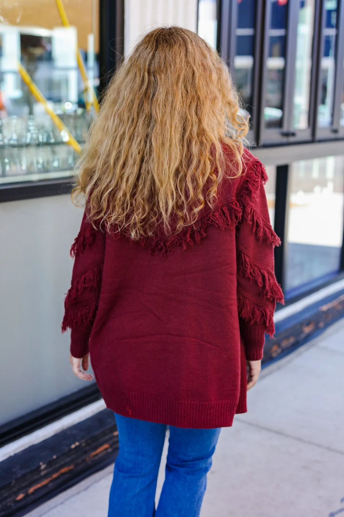 Burgundy Fringe Detail Knit Cardigan