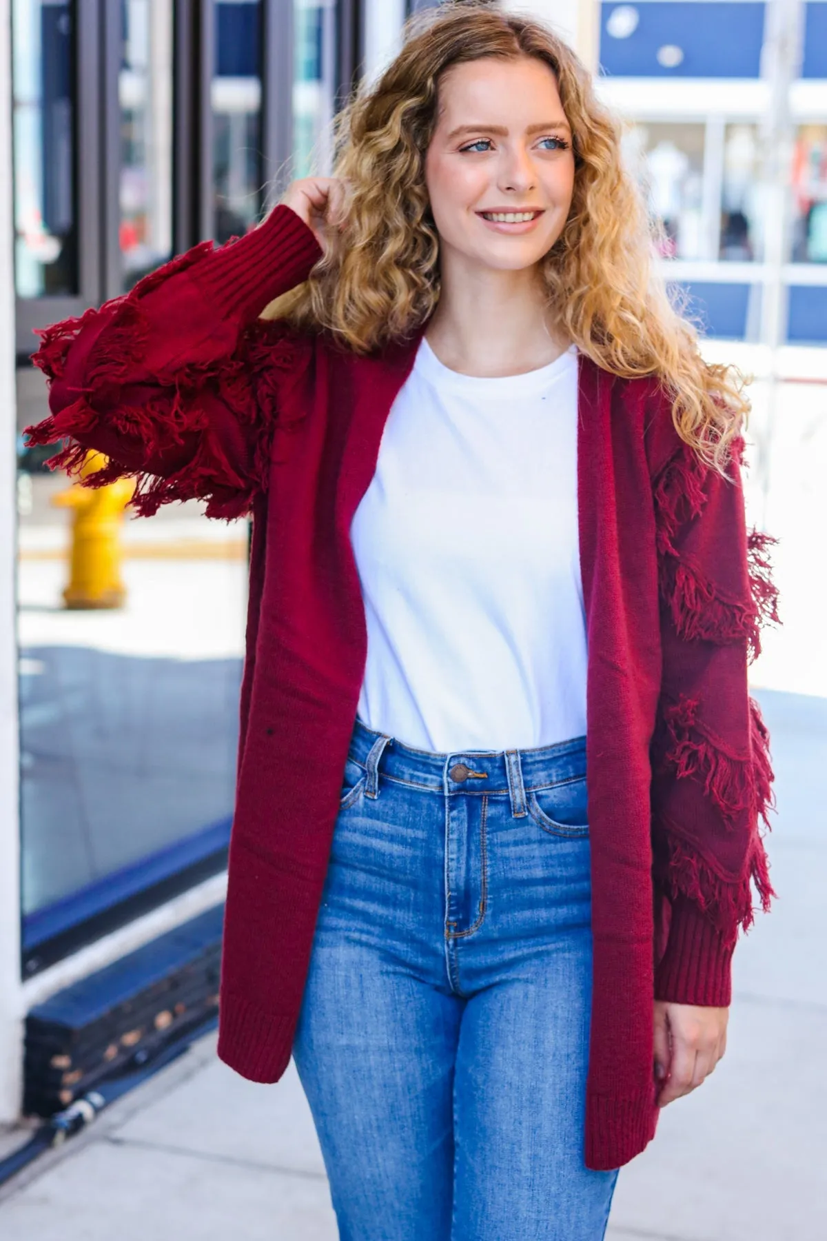 Burgundy Fringe Detail Knit Cardigan