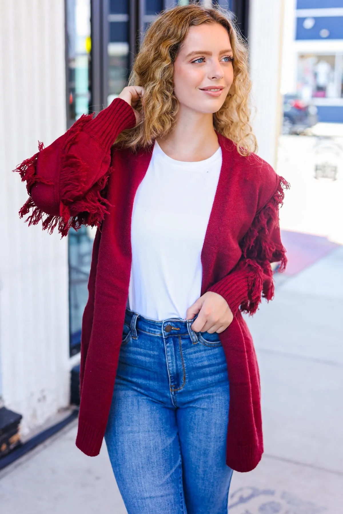 Burgundy Fringe Detail Knit Cardigan