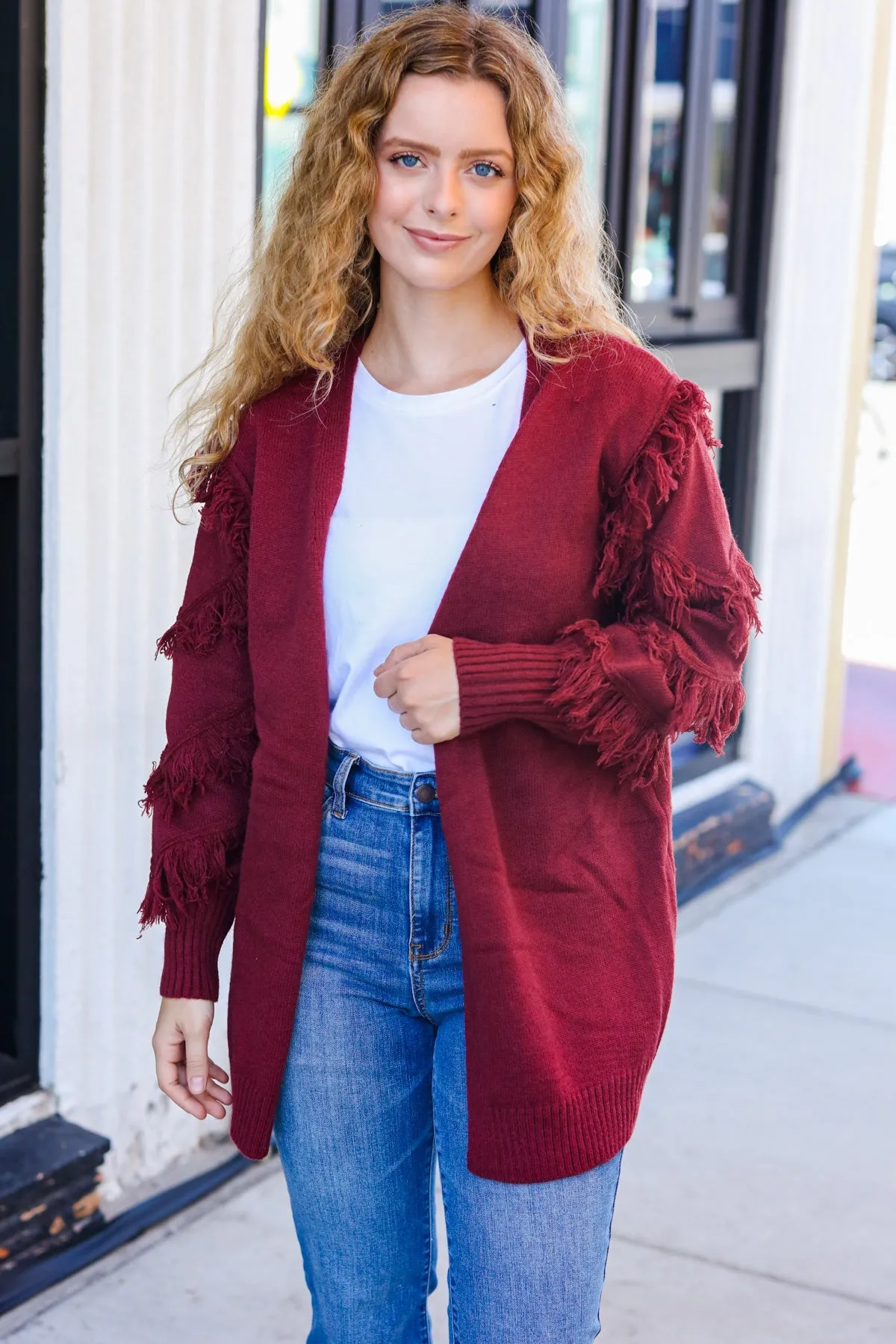 Burgundy Fringe Detail Knit Cardigan