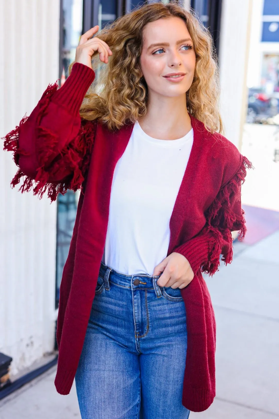 Burgundy Fringe Detail Knit Cardigan