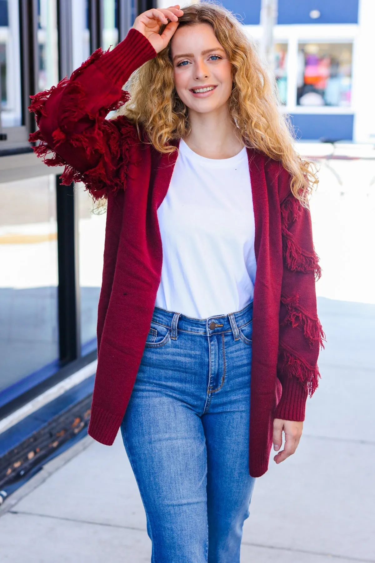 Burgundy Fringe Detail Knit Cardigan