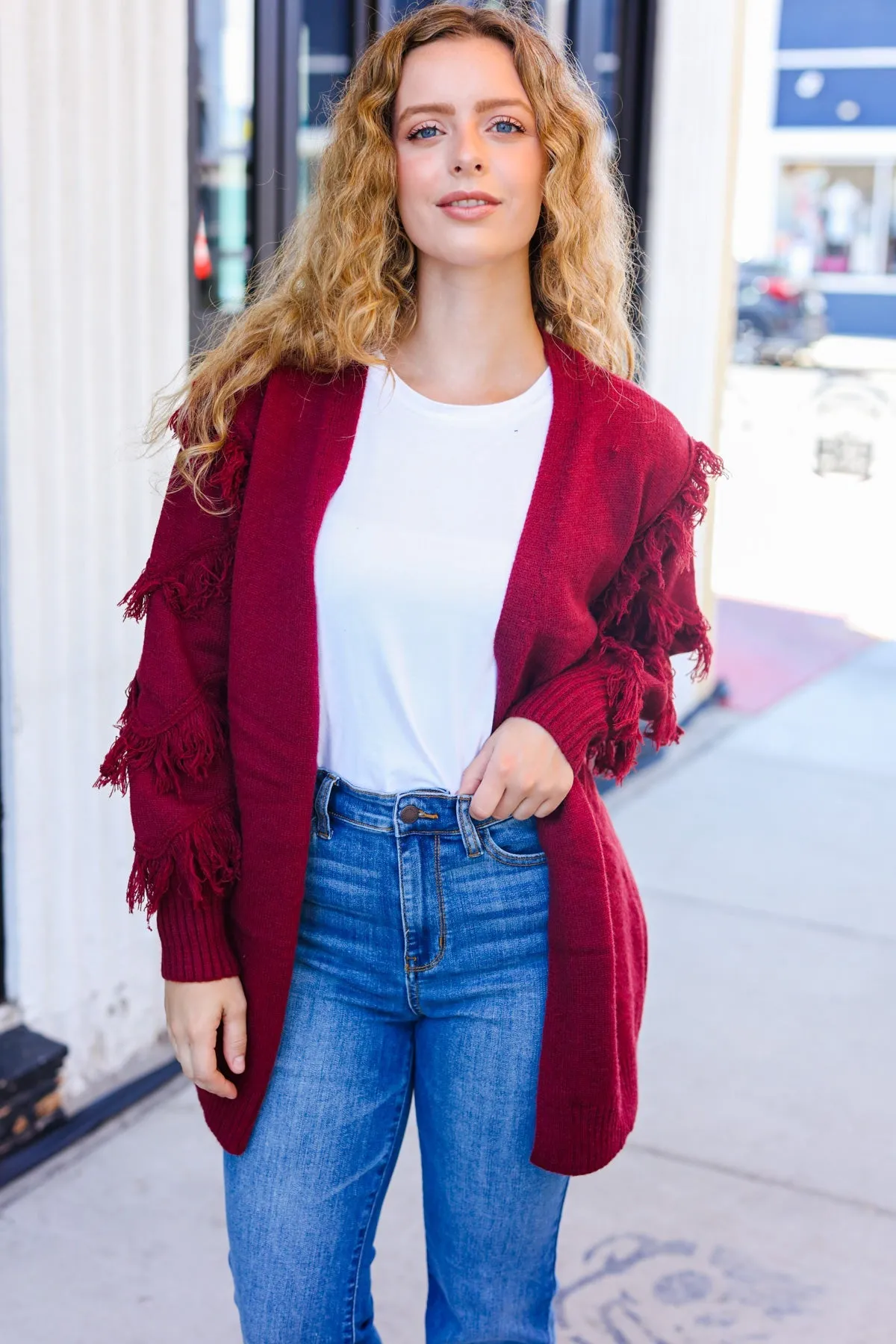 Burgundy Fringe Detail Knit Cardigan