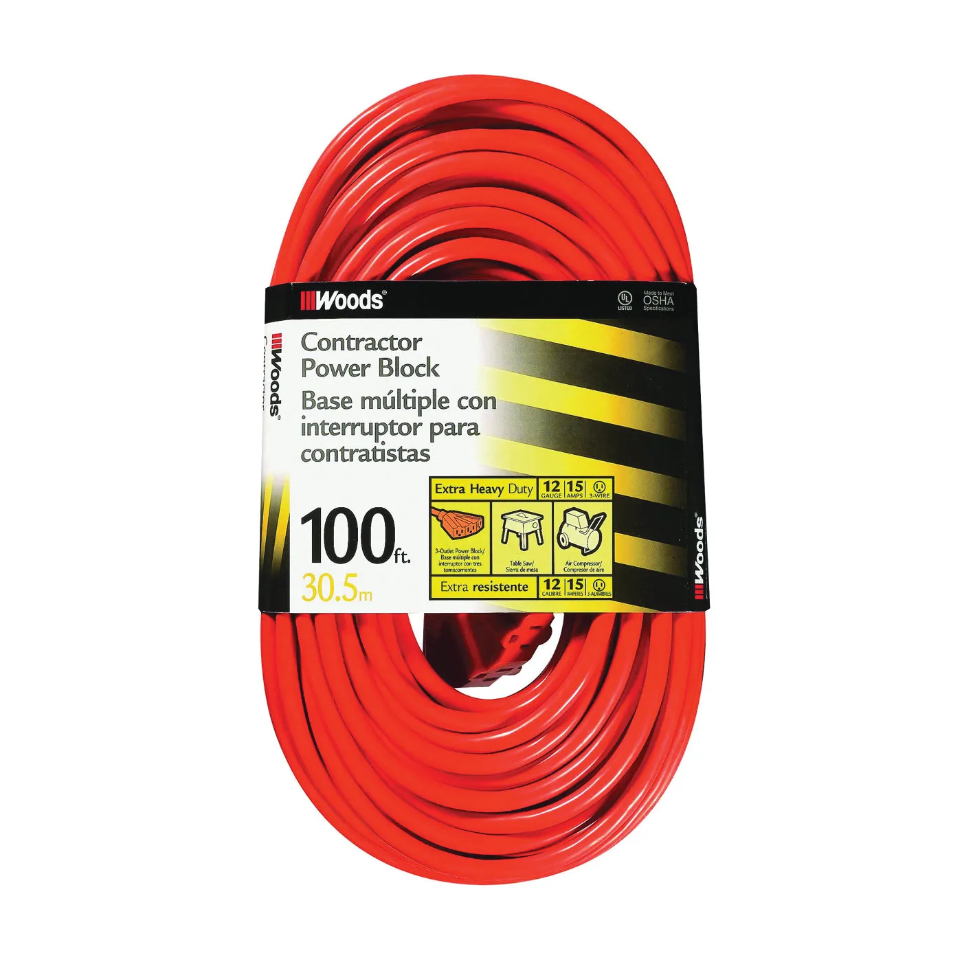 CCI 0820 Extension Cord, 12 AWG Cable, 100 ft L, 15 A, 125 V, Orange