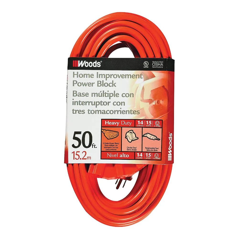 CCI 0826 Extension Cord, 14 AWG Cable, 50 ft L, 15 A, 125 V, Orange