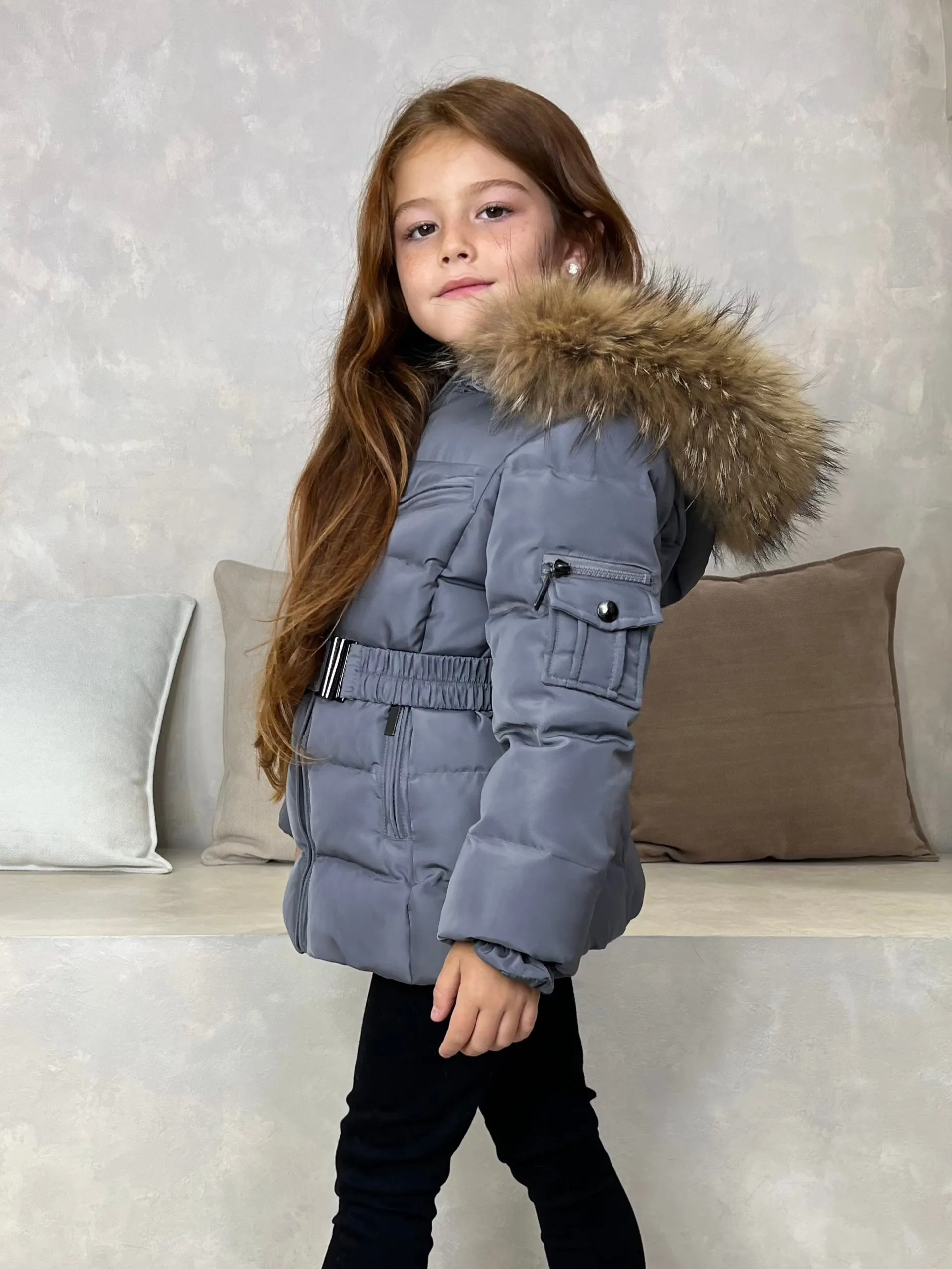 Childrens Grey Luxury Fur Padded Belted Coat