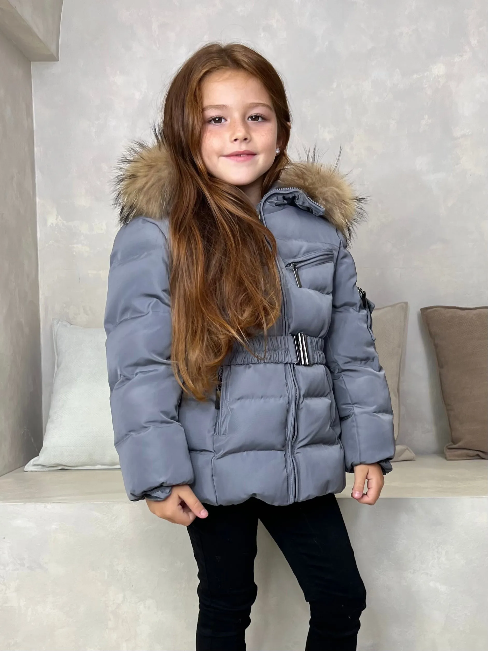 Childrens Grey Luxury Fur Padded Belted Coat