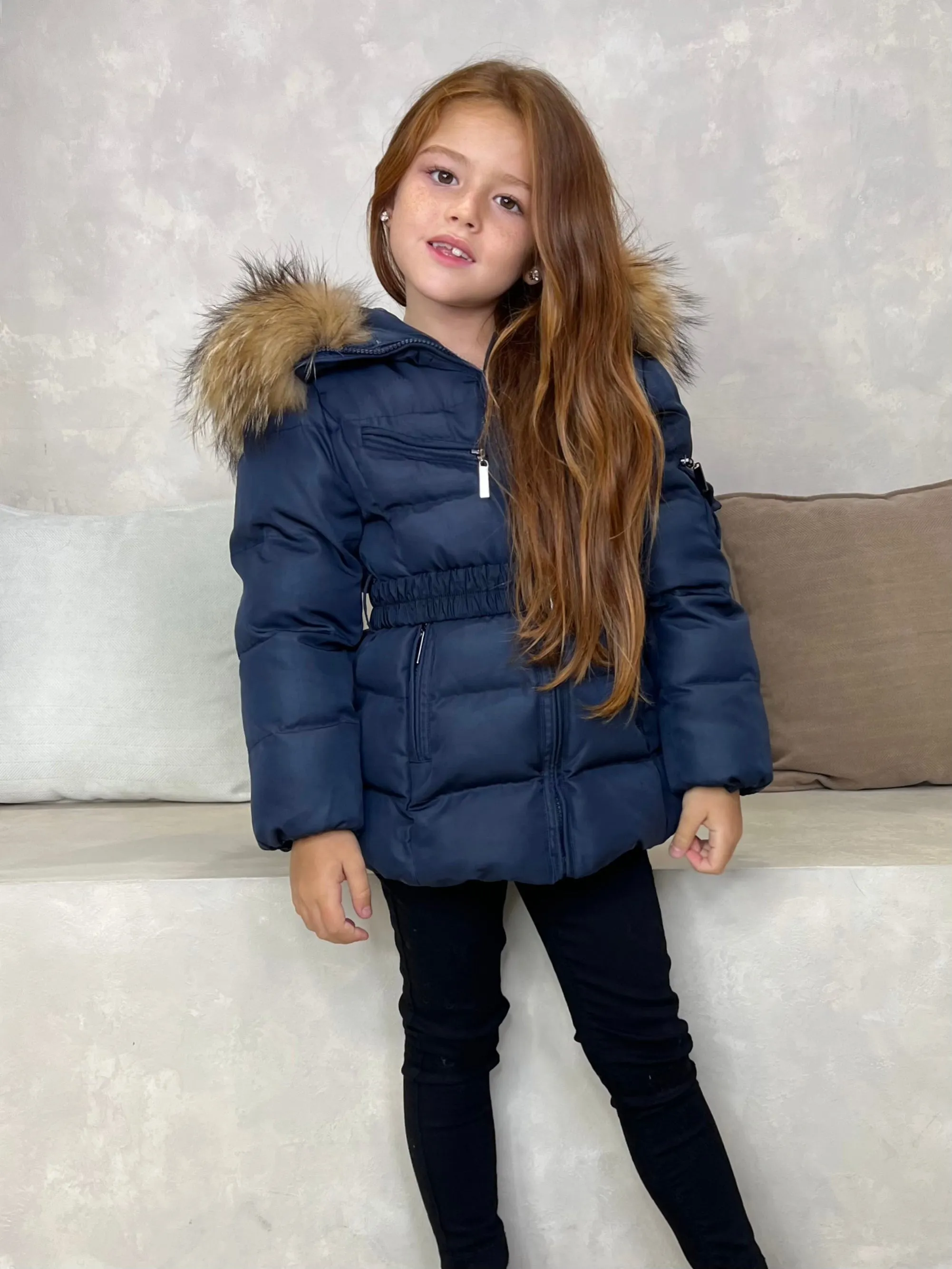 Childrens Navy Luxury Fur Padded Belted Coat