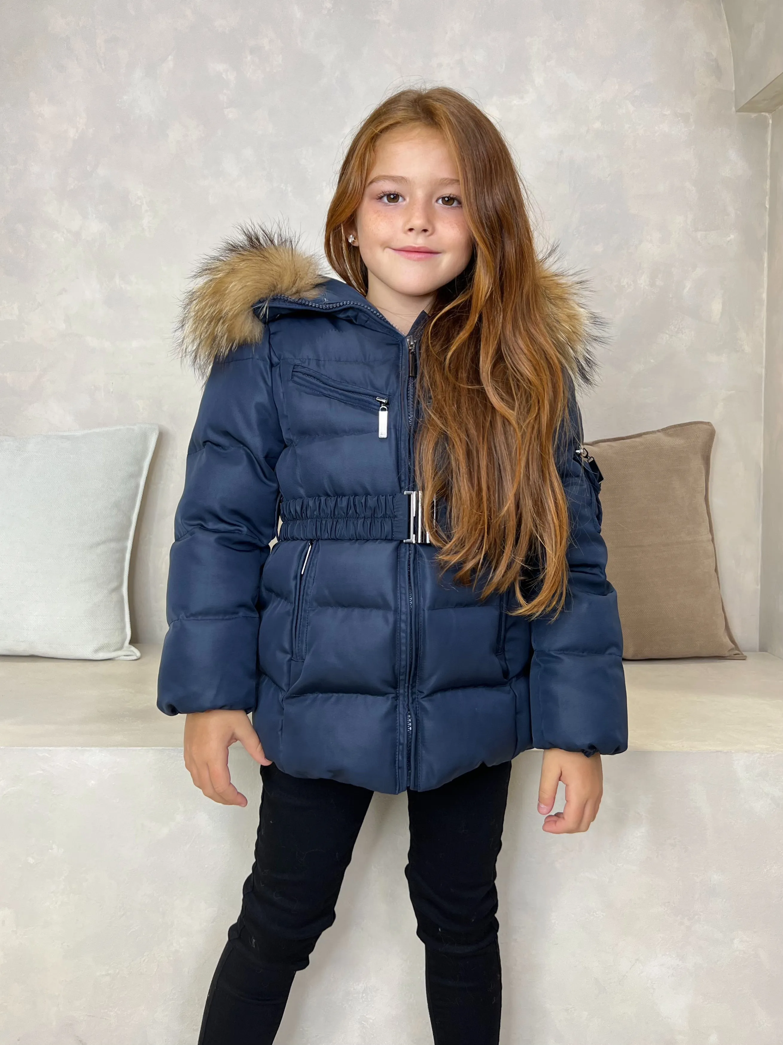 Childrens Navy Luxury Fur Padded Belted Coat