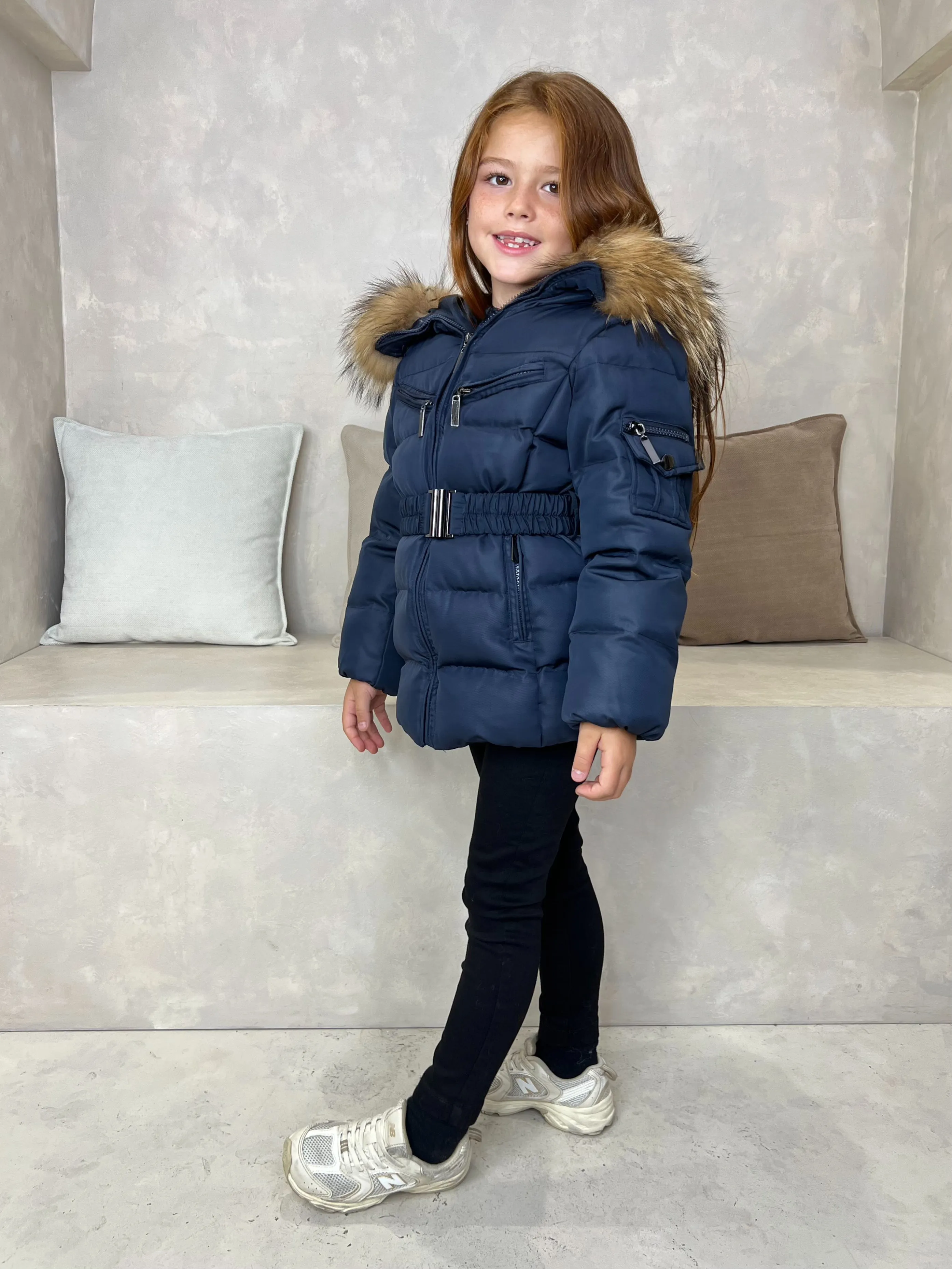 Childrens Navy Luxury Fur Padded Belted Coat