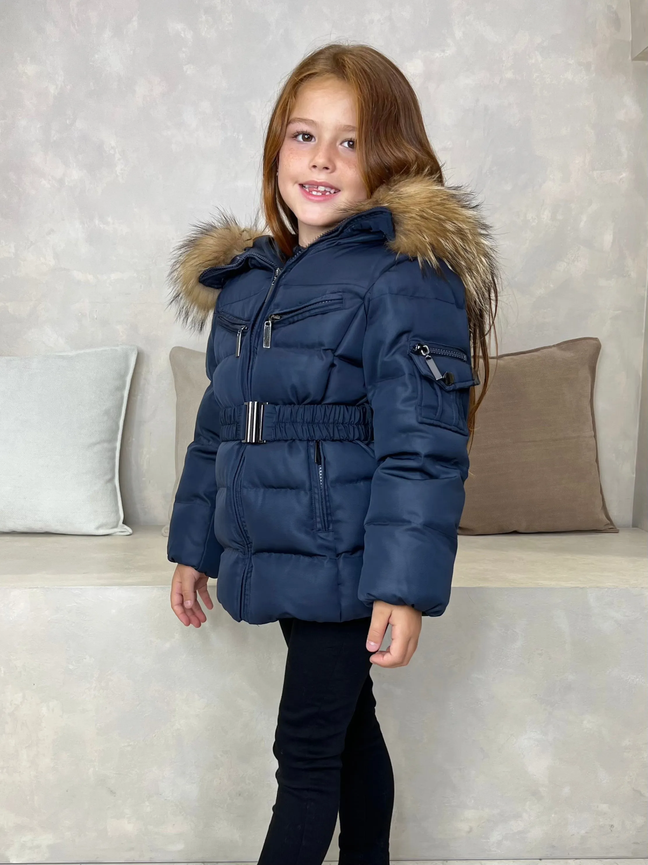 Childrens Navy Luxury Fur Padded Belted Coat