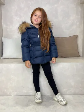 Childrens Navy Luxury Fur Padded Belted Coat