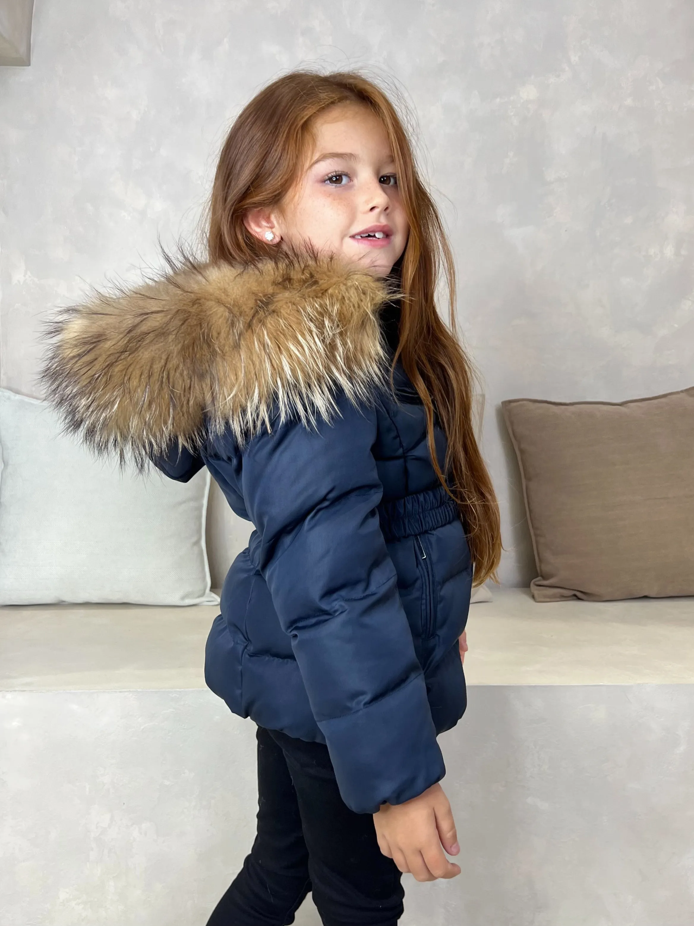 Childrens Navy Luxury Fur Padded Belted Coat