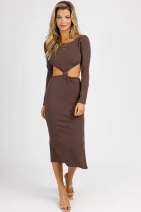 CHOCOLATE LONG SLEEVE FRONT TWIST MIDI DRESS