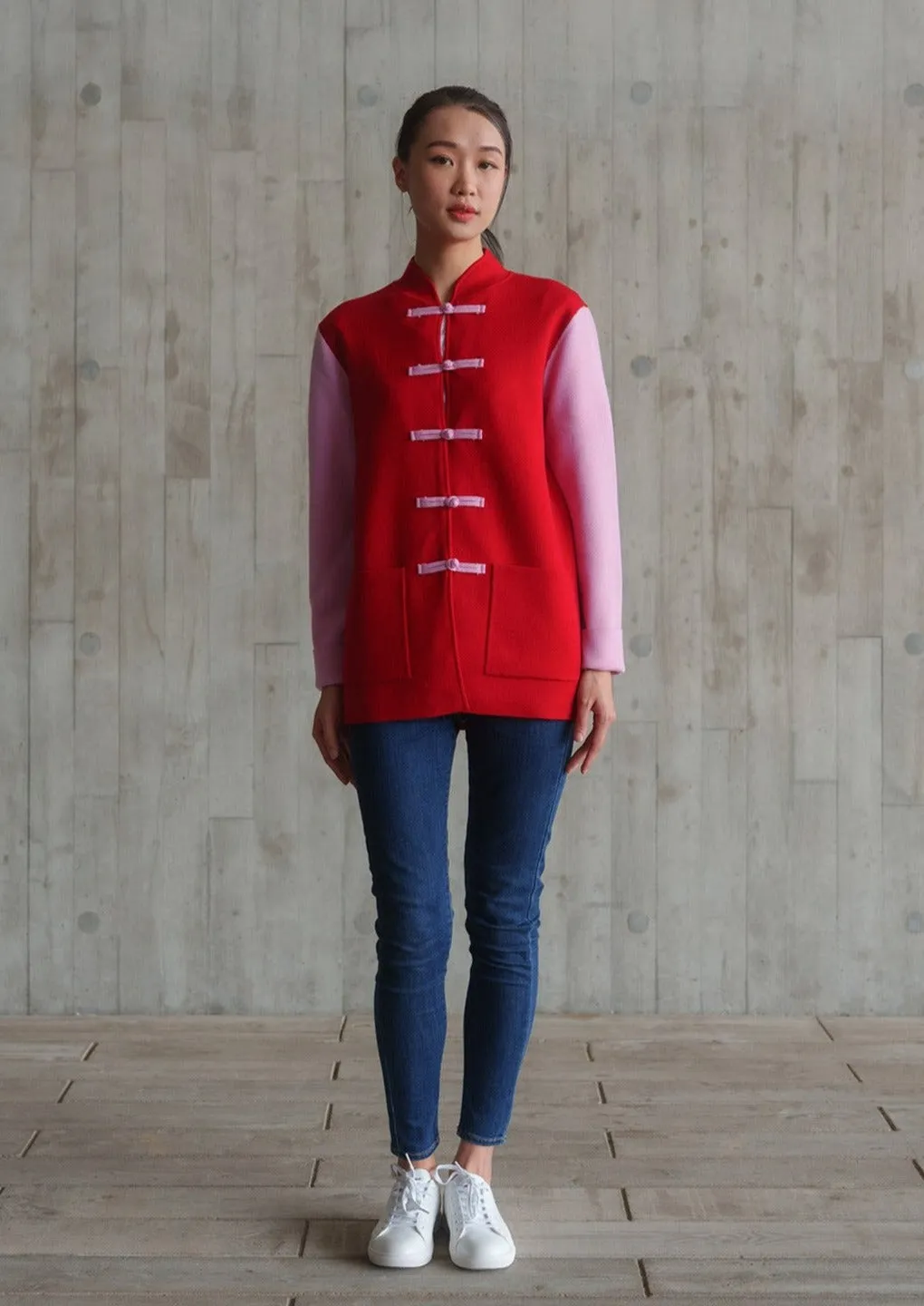 Color-Block Knit Tang Jacket (Red/ Pink)