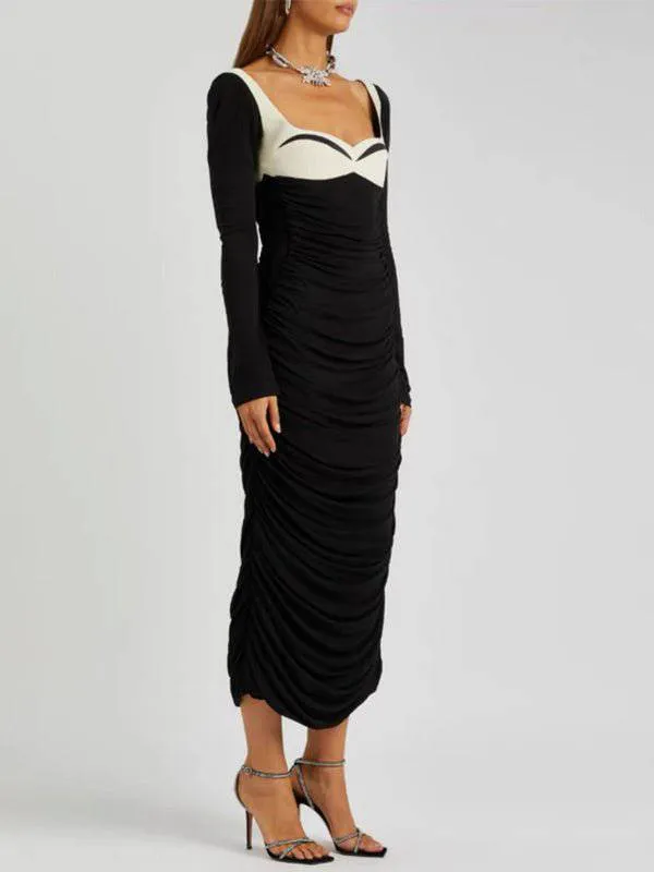 Connie Long Sleeve Square Collar Ruched Hem Knit Maxi Dress