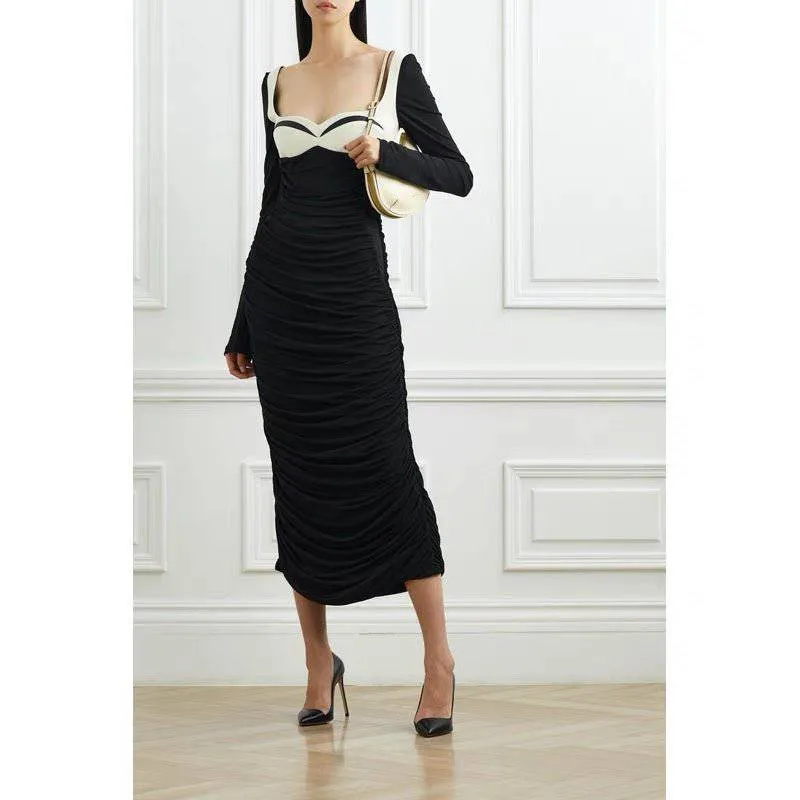 Connie Long Sleeve Square Collar Ruched Hem Knit Maxi Dress