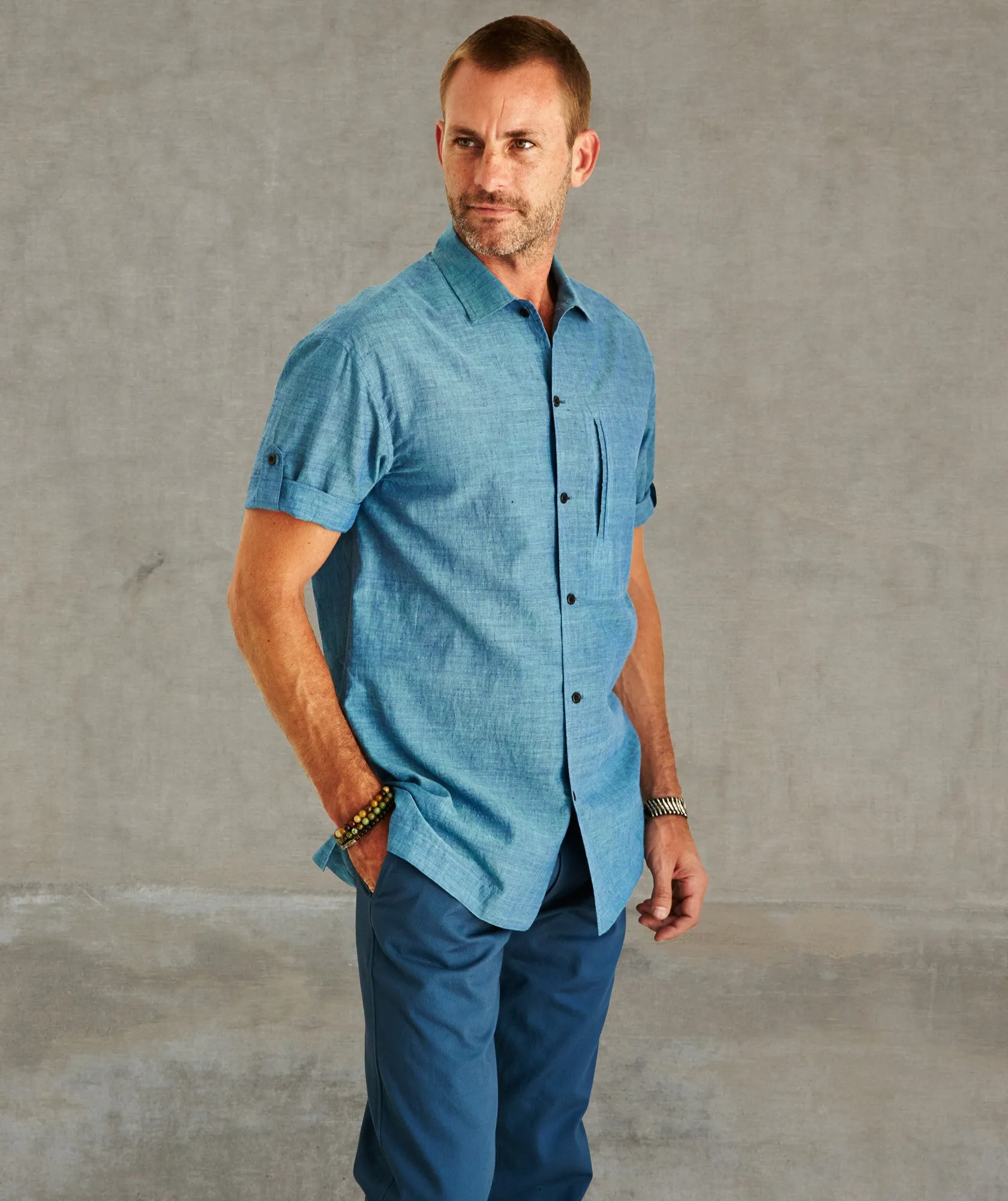 Convertible Short Sleeve Khadi Cotton Melange Shirt