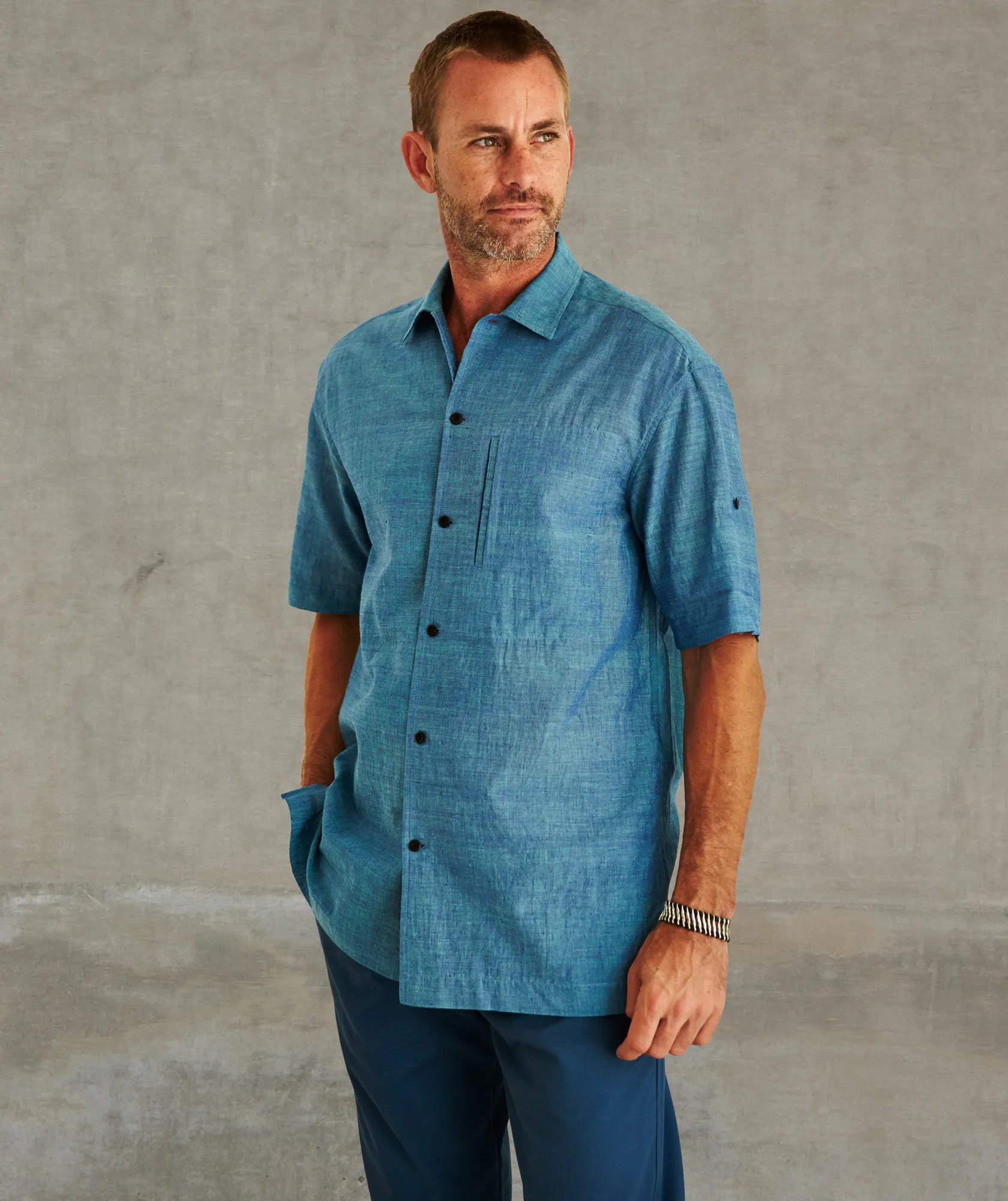 Convertible Short Sleeve Khadi Cotton Melange Shirt