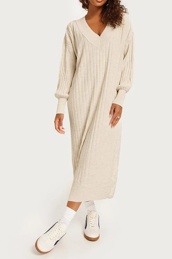 Cozy Ribbed Knit V-Neck Midi Dress