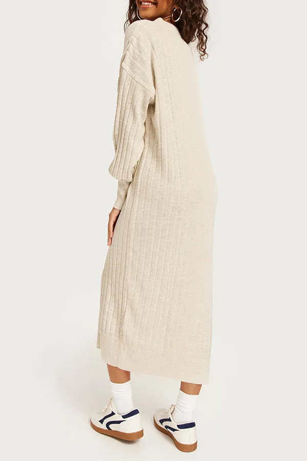 Cozy Ribbed Knit V-Neck Midi Dress