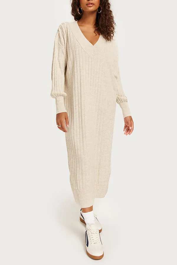 Cozy Ribbed Knit V-Neck Midi Dress