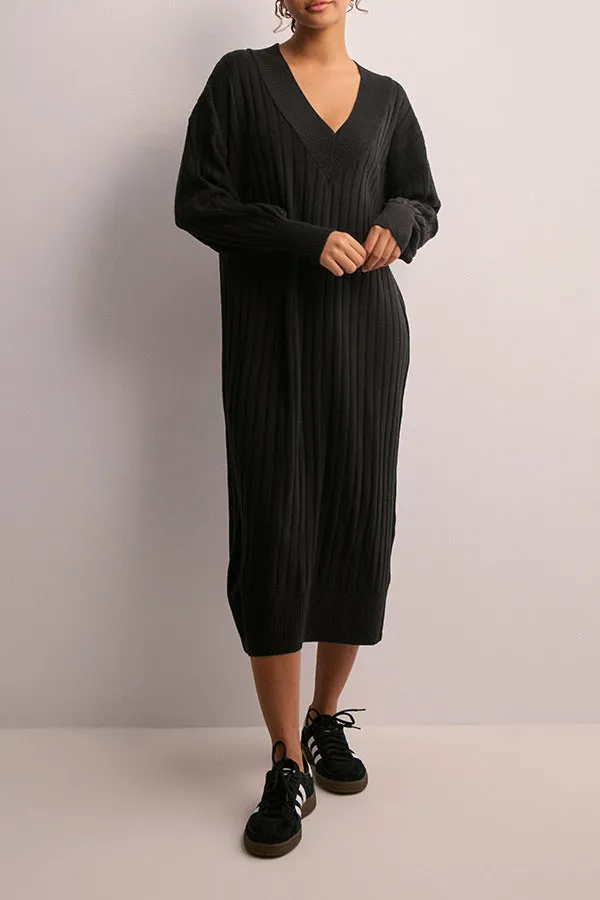 Cozy Ribbed Knit V-Neck Midi Dress