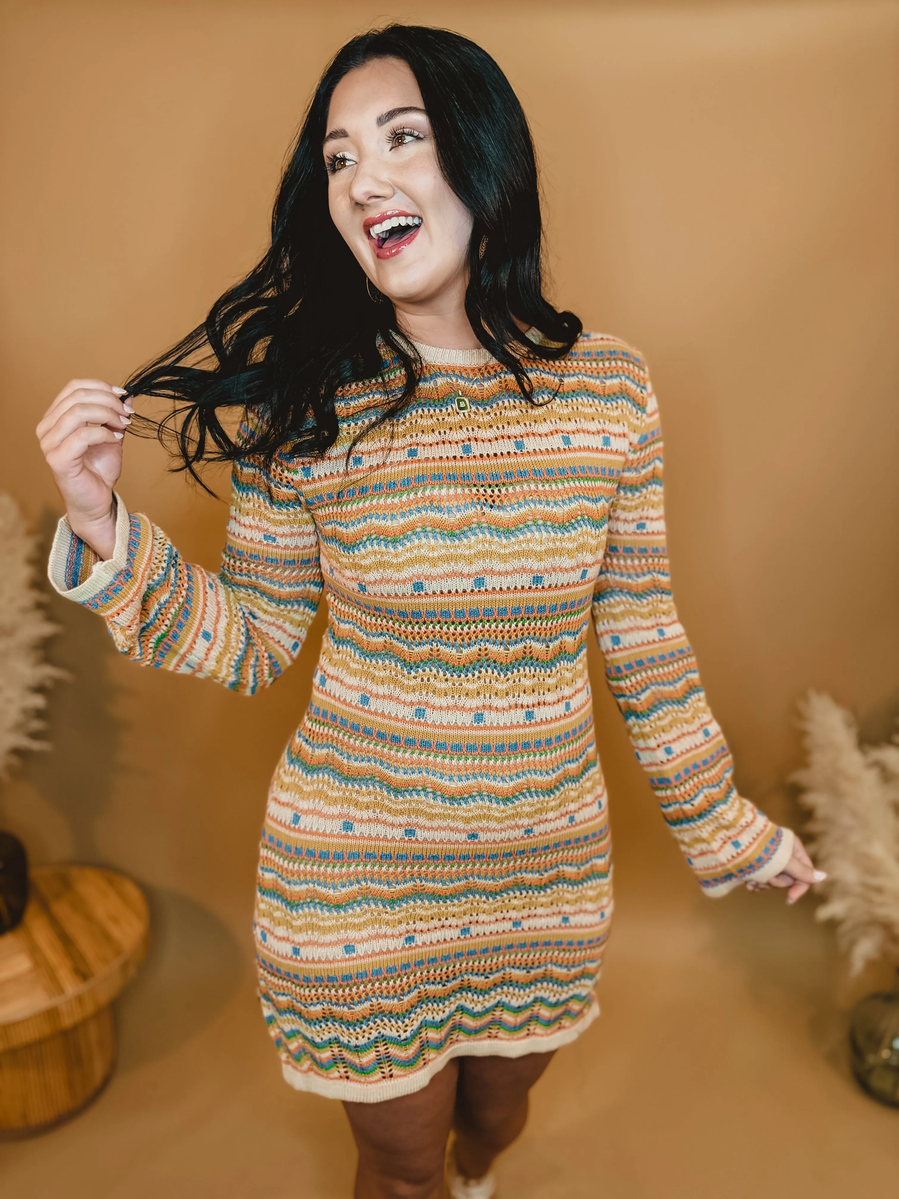 Crochet Long Sleeve Boho Dress - Taupe Multi