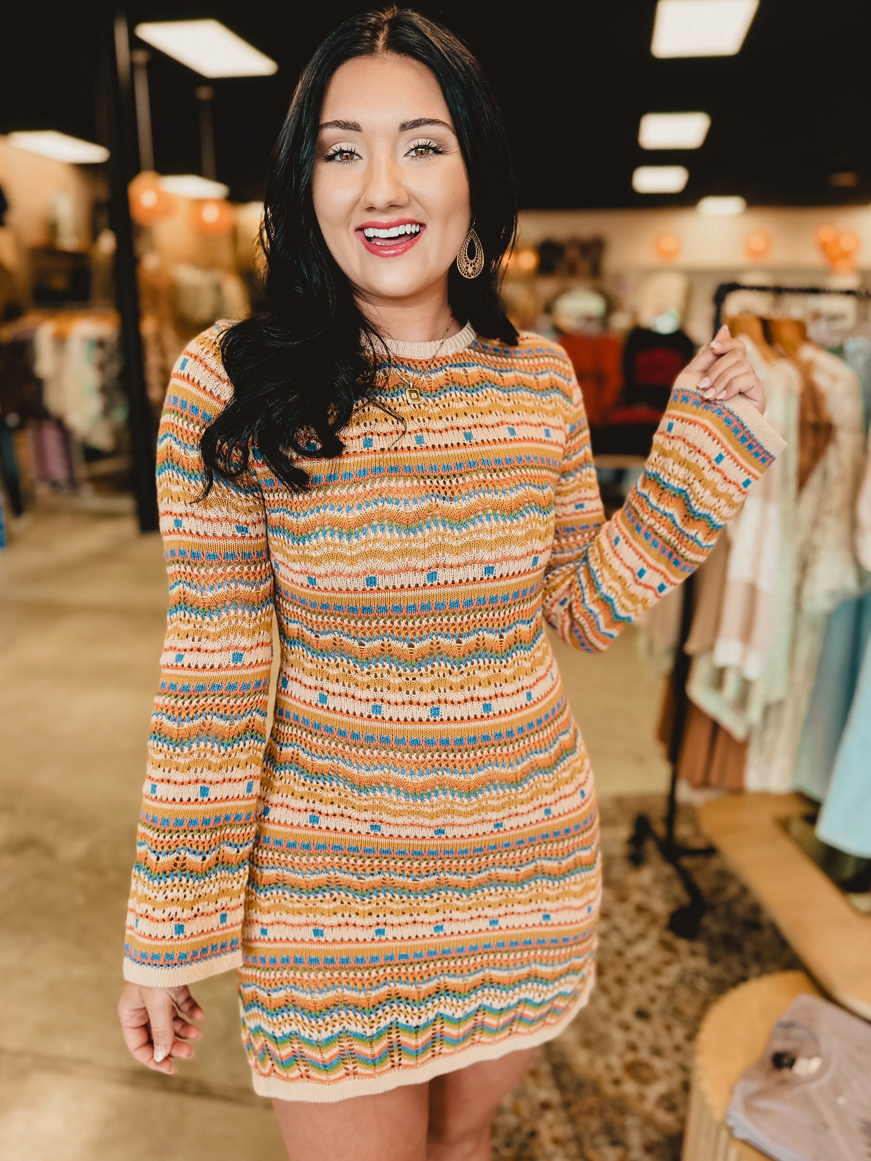 Crochet Long Sleeve Boho Dress - Taupe Multi