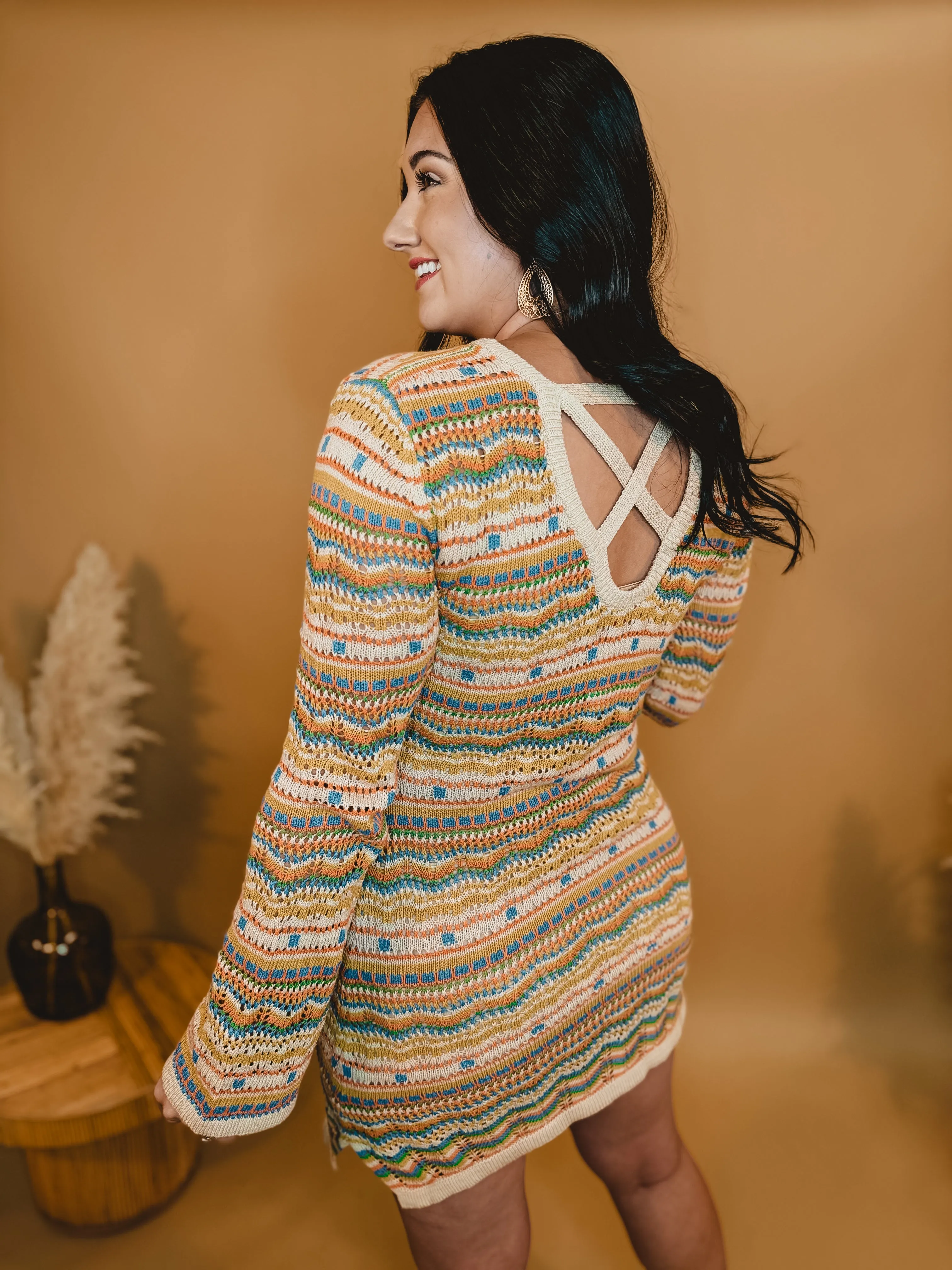 Crochet Long Sleeve Boho Dress - Taupe Multi