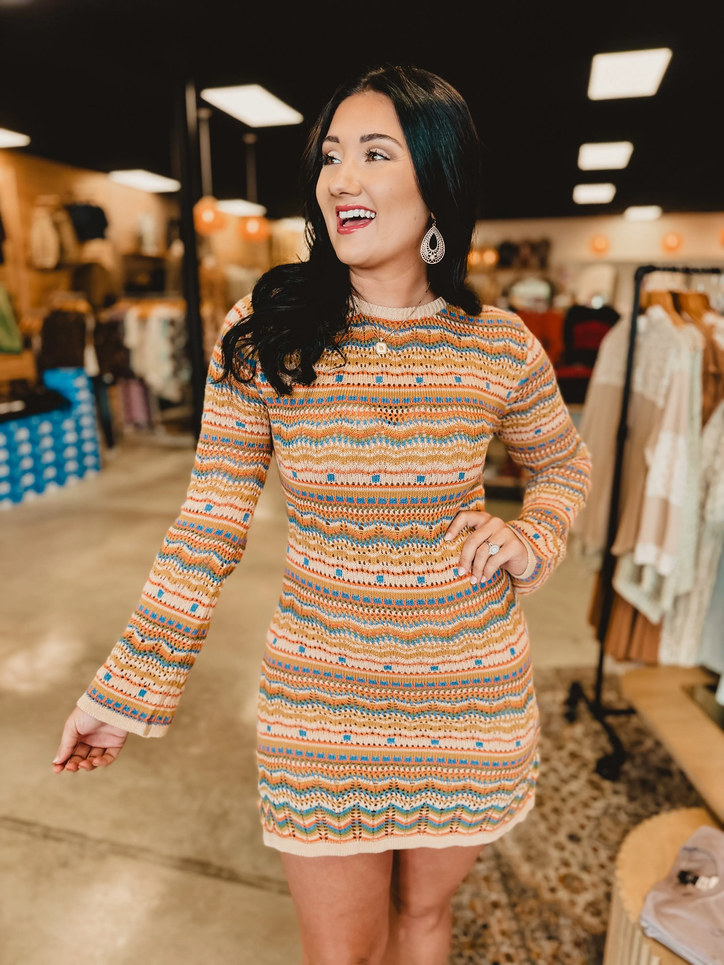 Crochet Long Sleeve Boho Dress - Taupe Multi