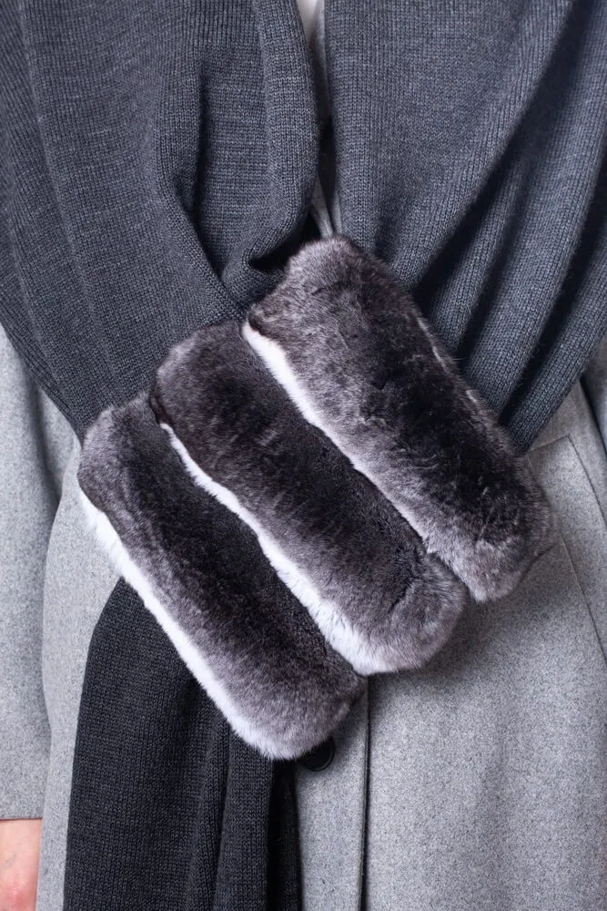 Dark Grey Chinchilla Fur Cashmere Scarf