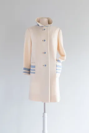 Darling 1960's Mod Ivory & Blue Wool Knit Coat By Capriel / Large