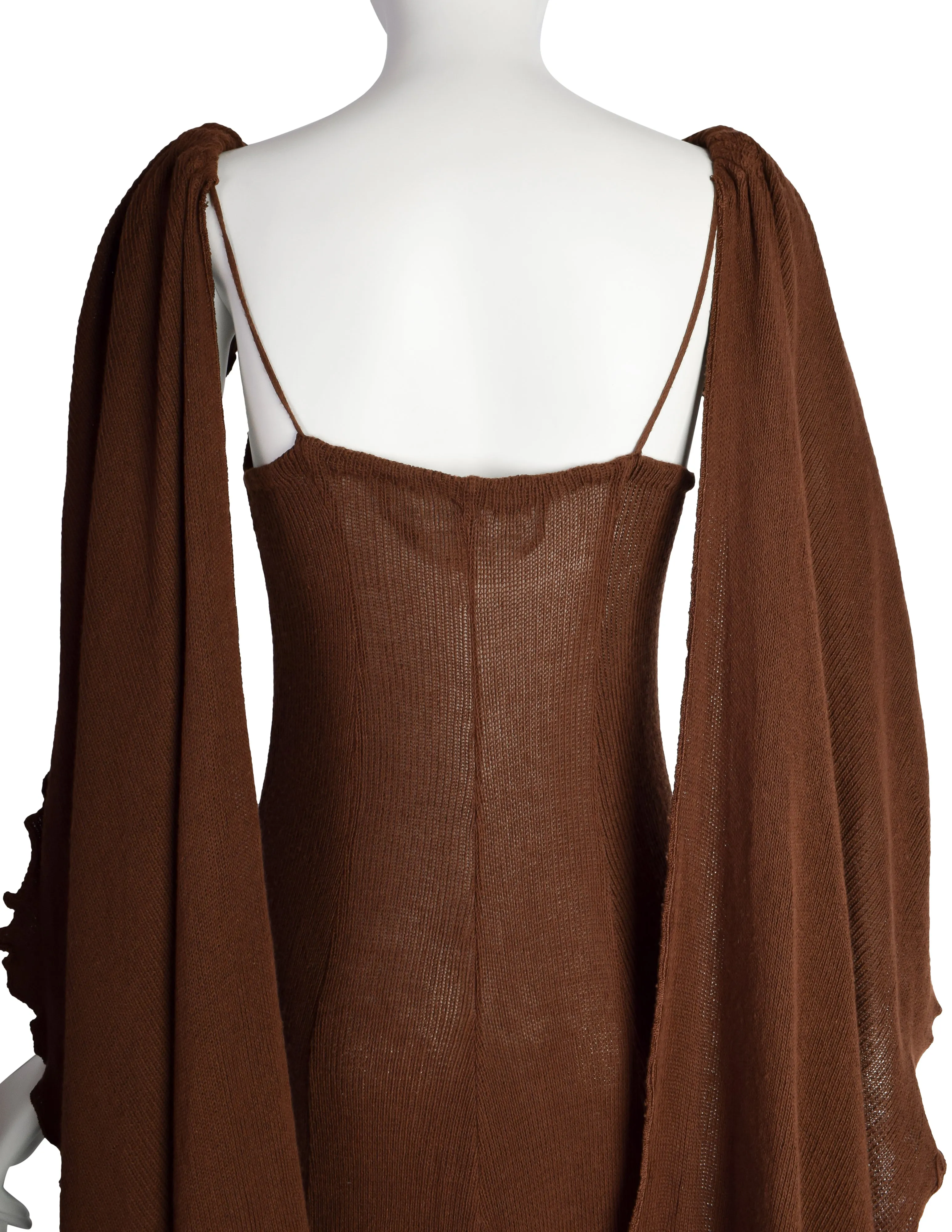 Diana Leslie Vintage 1970s Brown Ribbed Cotton Cape Sleeve Maxi Dress