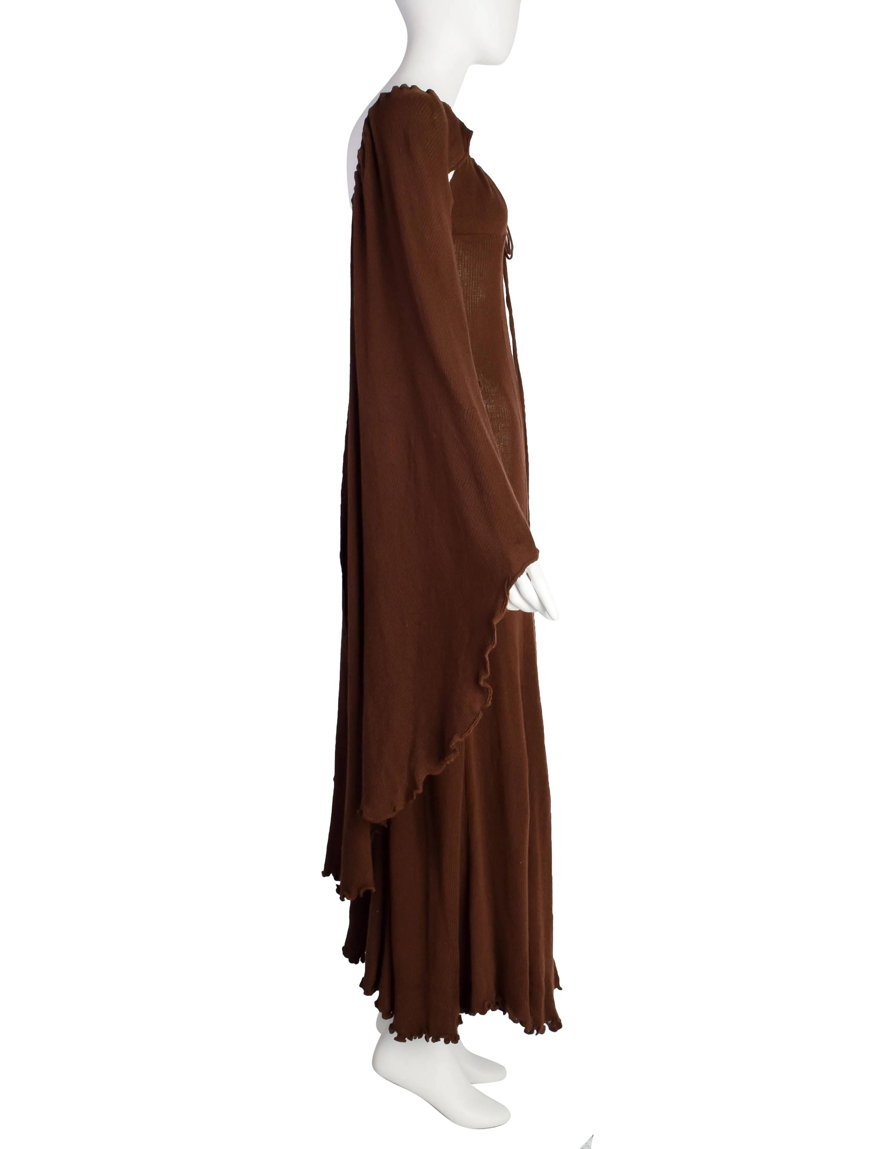 Diana Leslie Vintage 1970s Brown Ribbed Cotton Cape Sleeve Maxi Dress