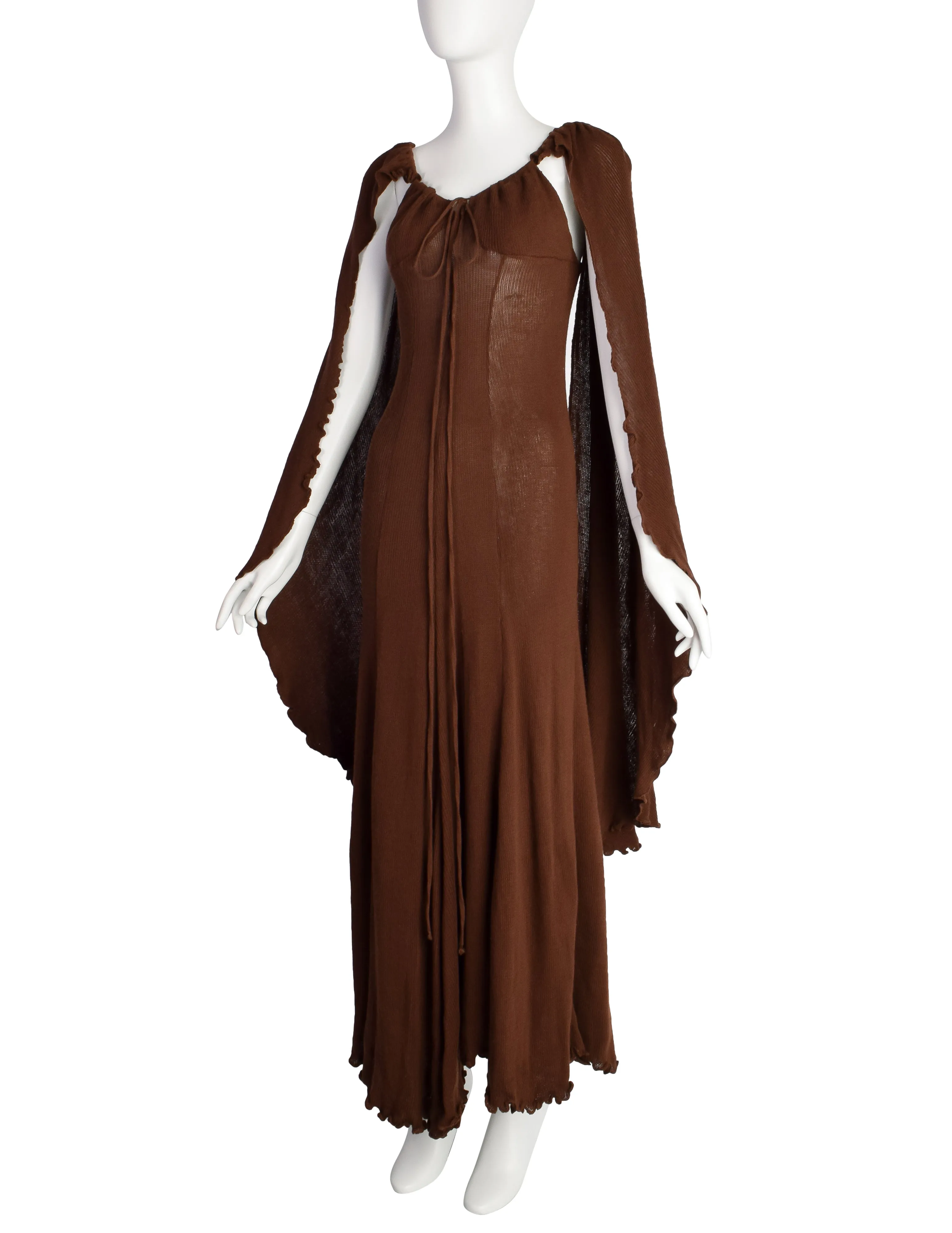 Diana Leslie Vintage 1970s Brown Ribbed Cotton Cape Sleeve Maxi Dress