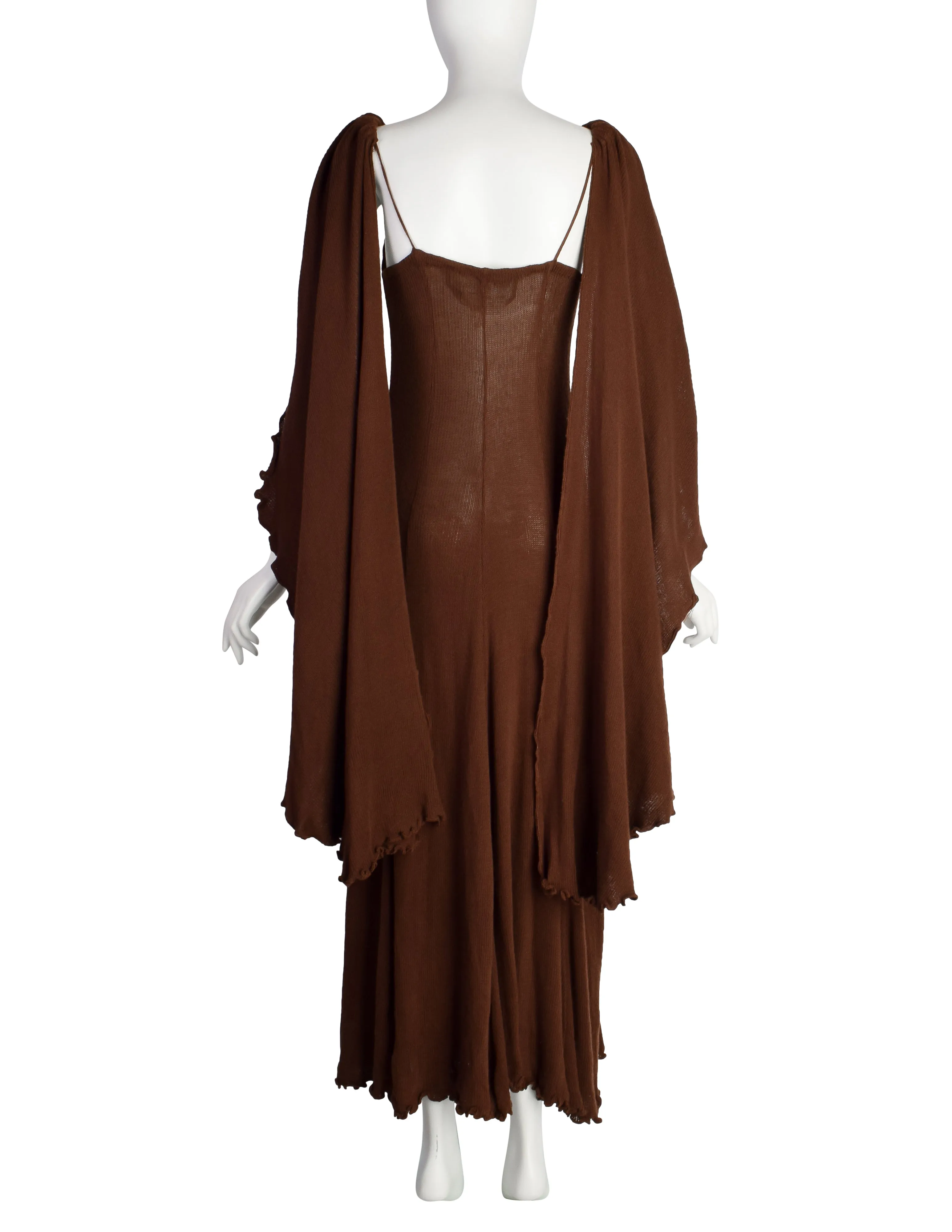 Diana Leslie Vintage 1970s Brown Ribbed Cotton Cape Sleeve Maxi Dress