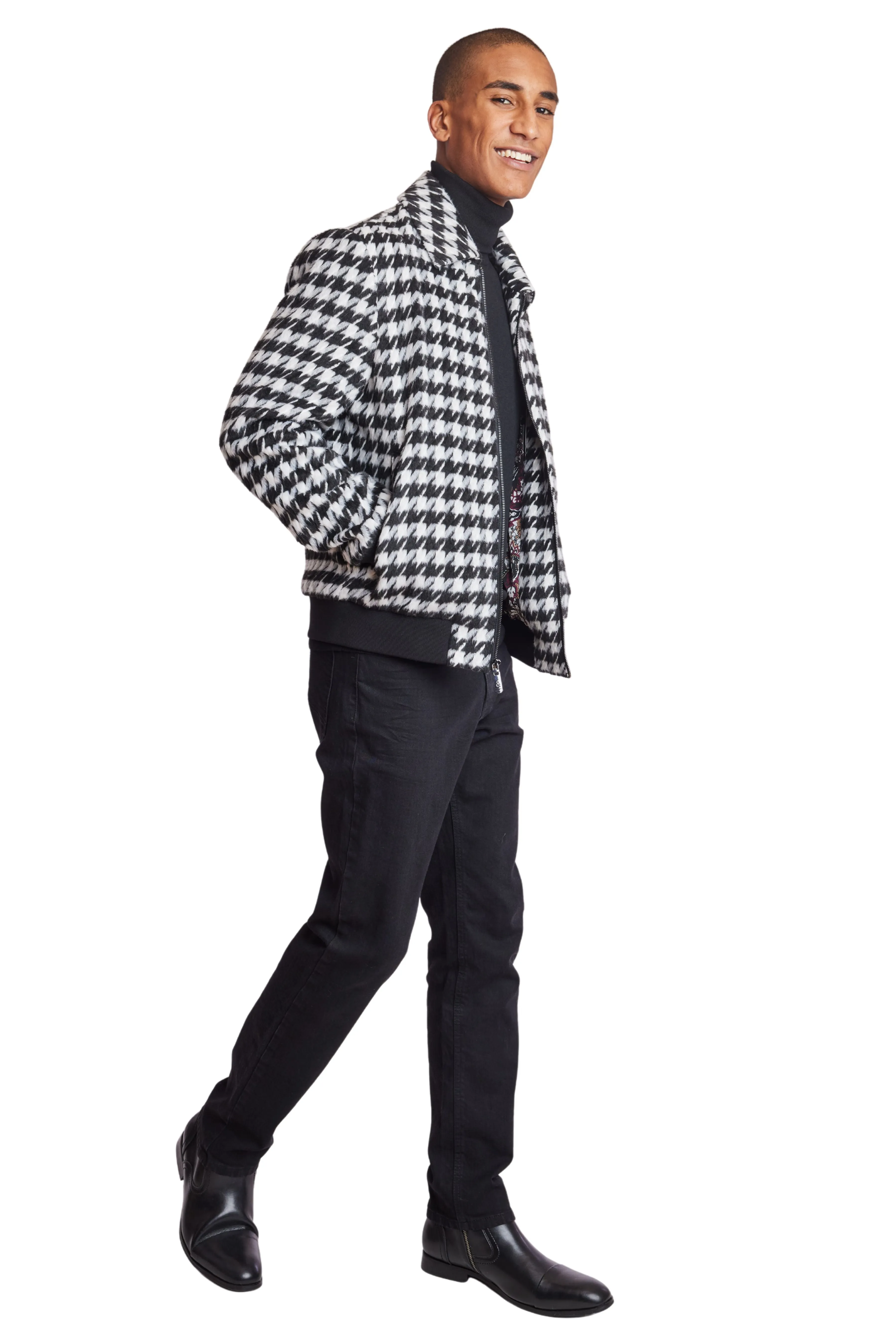 Dorian Collar Bomber Jacket - slim - Black/White Fuzzy Houndstooth