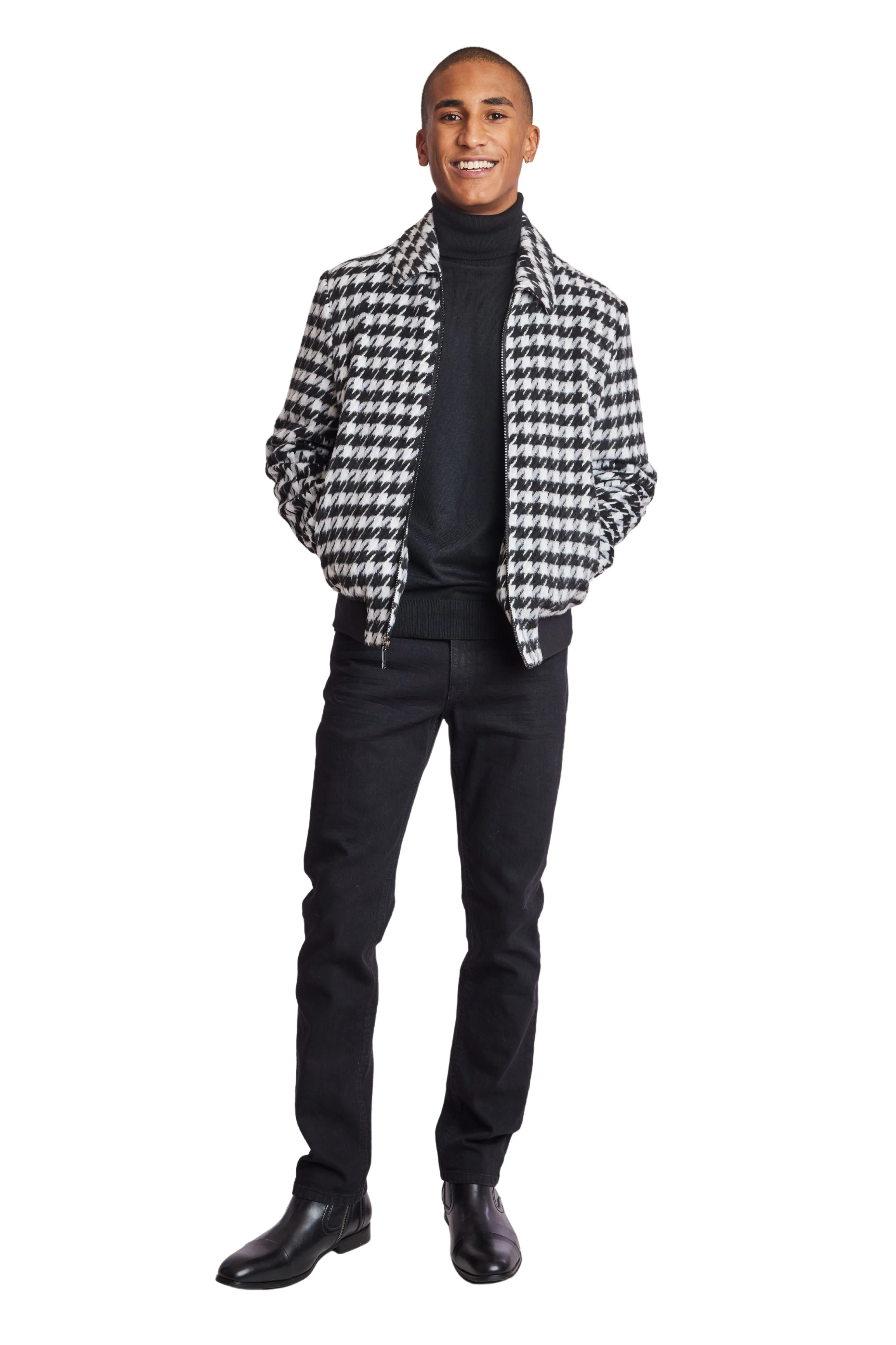 Dorian Collar Bomber Jacket - slim - Black/White Fuzzy Houndstooth