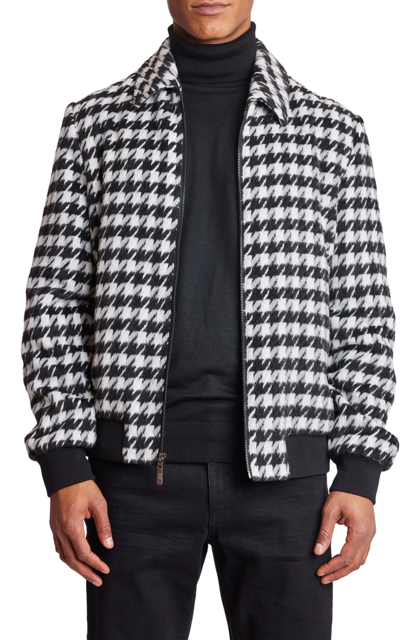 Dorian Collar Bomber Jacket - slim - Black/White Fuzzy Houndstooth