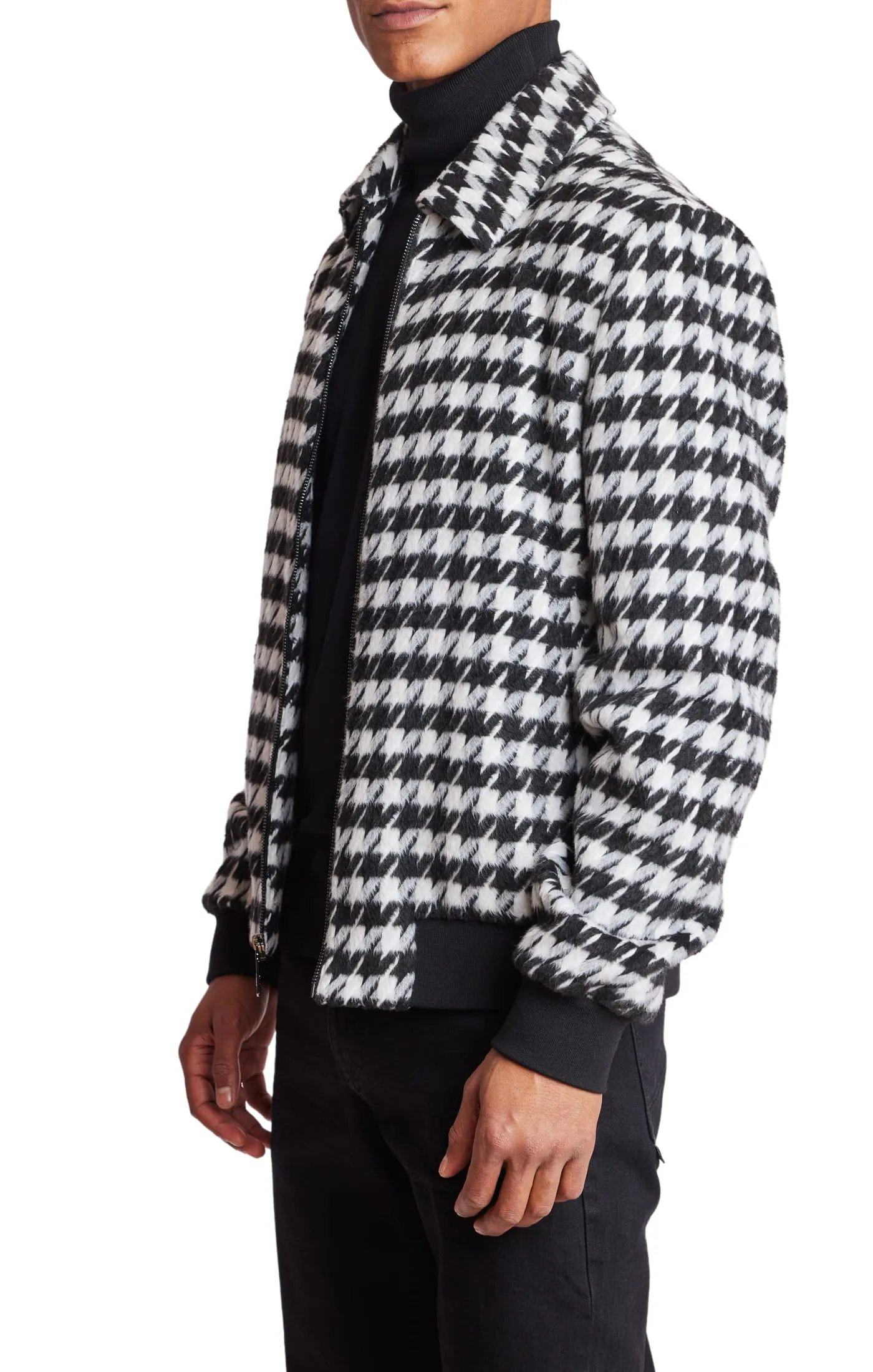 Dorian Collar Bomber Jacket - slim - Black/White Fuzzy Houndstooth