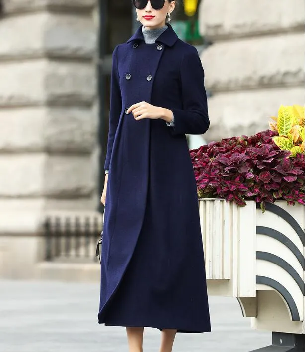 Double Breast Wool Coat, Handmade Long Warm Women Wool Coat Jacket Waist Belt/7755