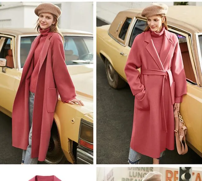 Double Face Women Winter Hand Made Long Women Wool Coat Jacket Waist Belt 2201