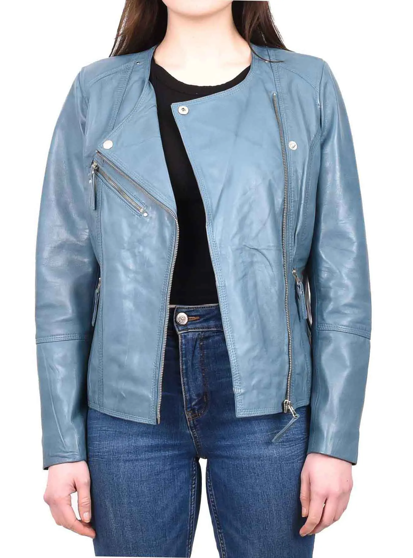 DR572 Women's Casual Cross Zip Leather Jacket Teal