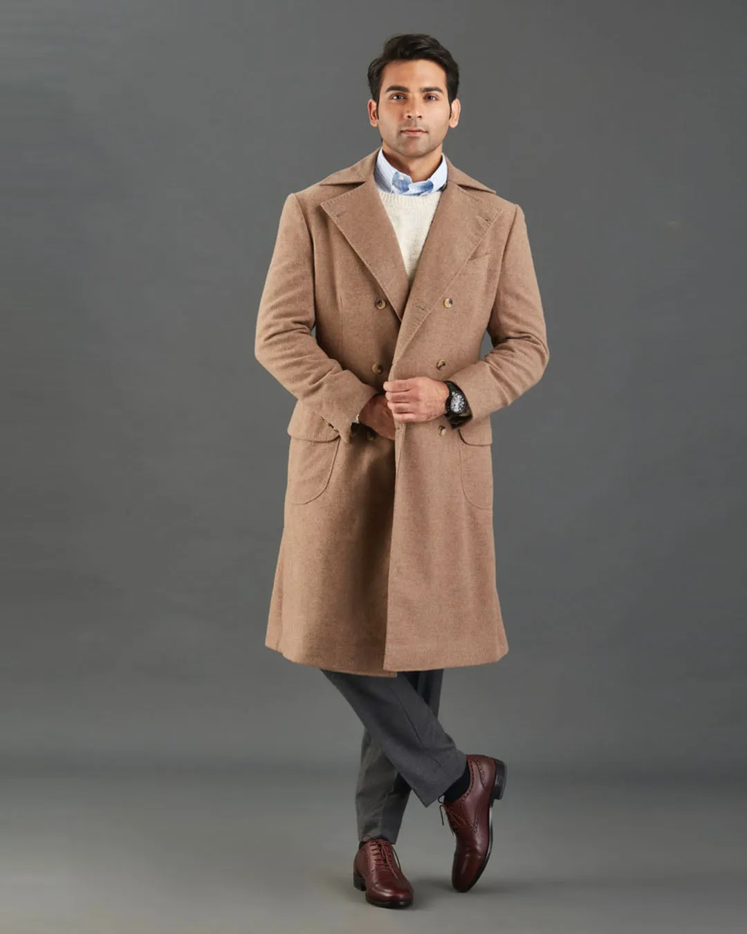 Drago 5% Cashmere 95% Wool: Fawn Flannel Over Coat