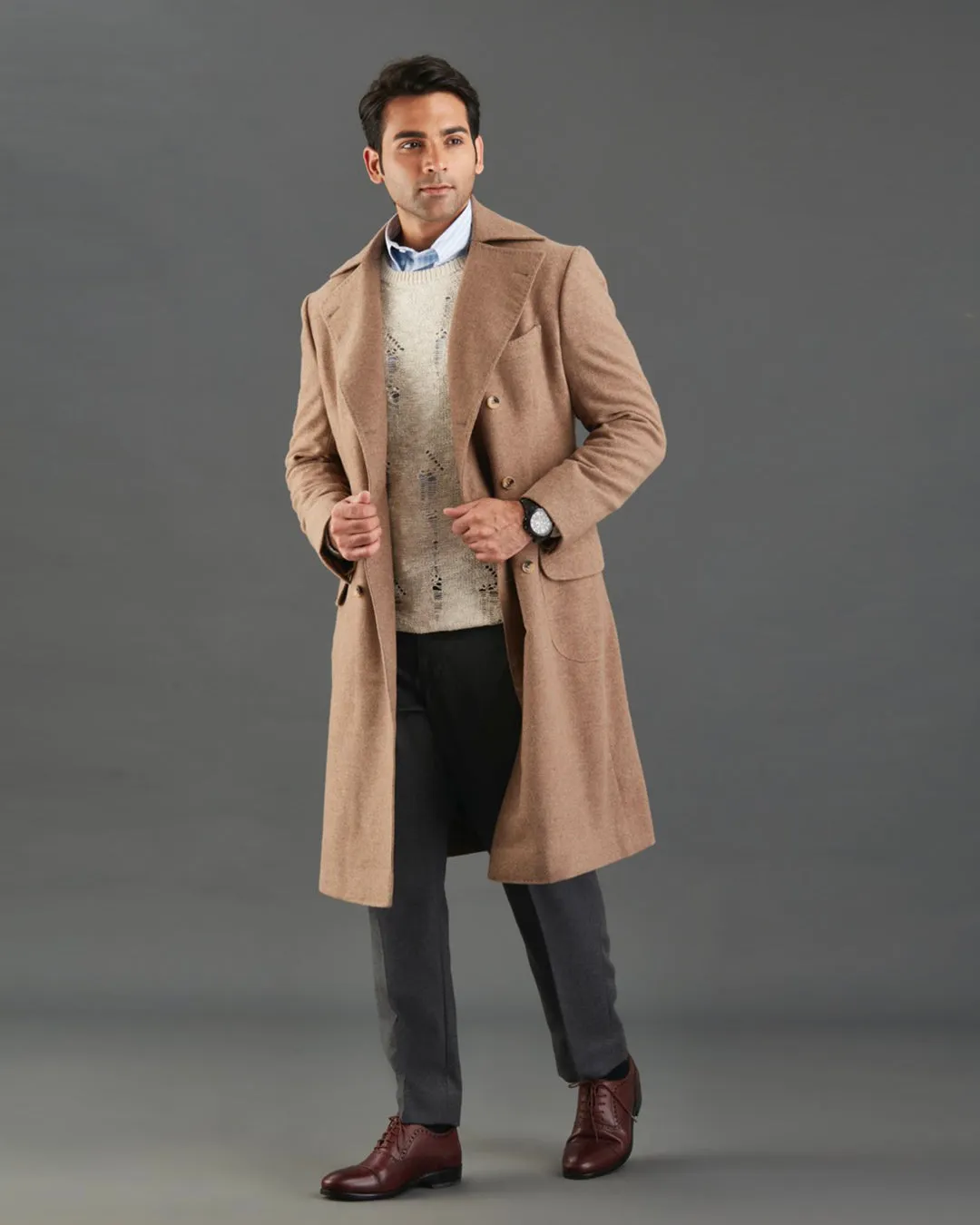 Drago 5% Cashmere 95% Wool: Fawn Flannel Over Coat